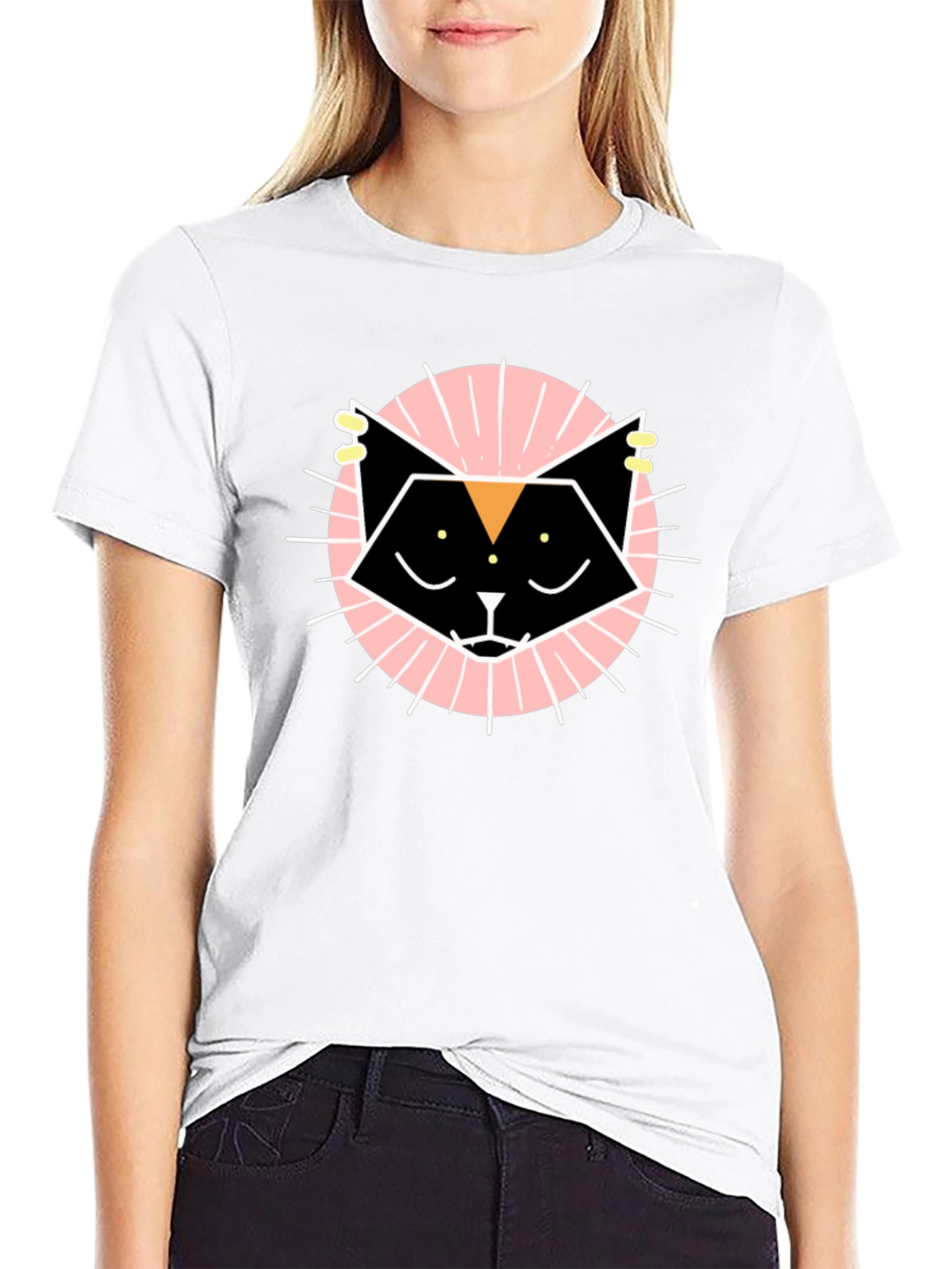 Geometric Cat Graphic Tee - Black Cotton T-Shirt