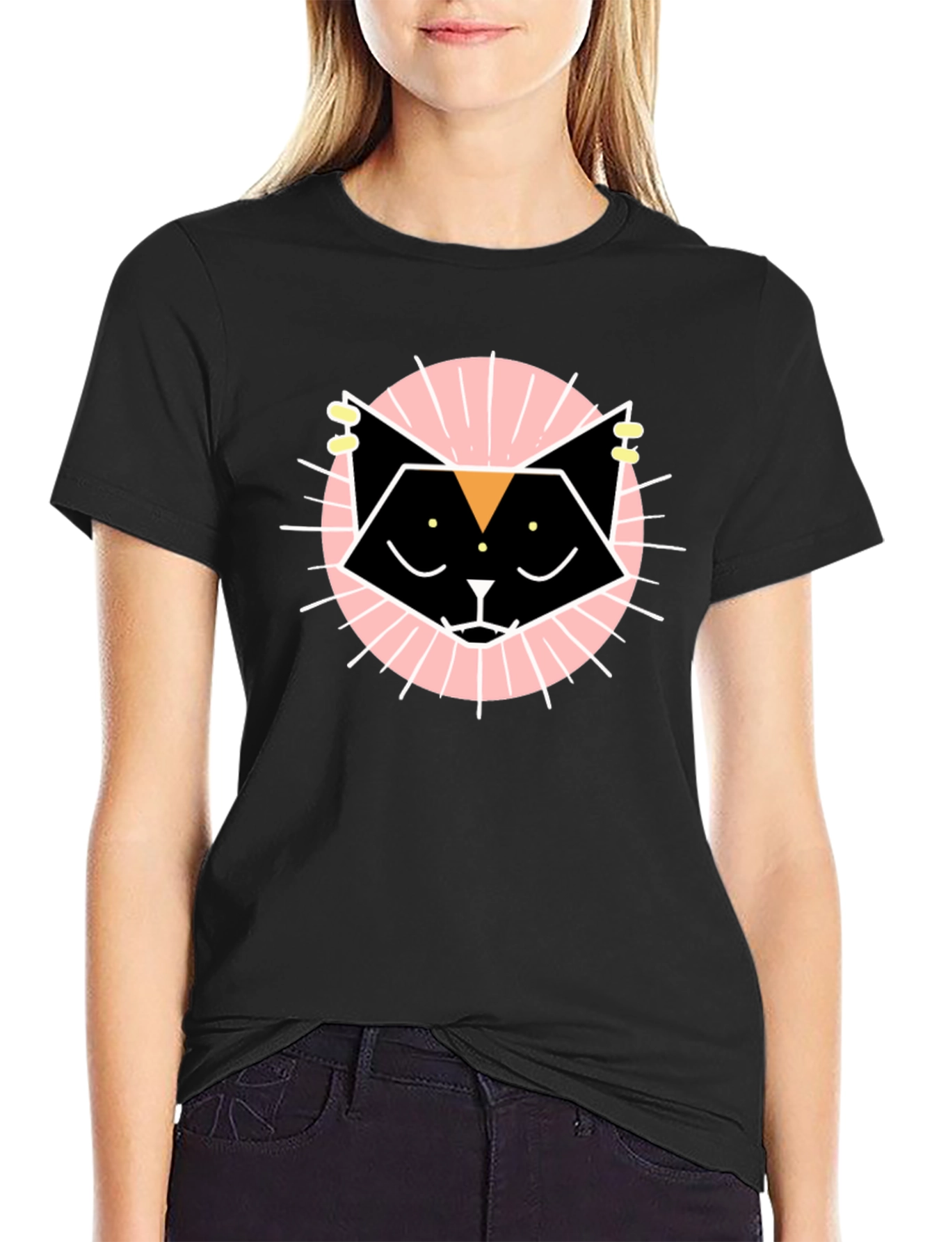 Geometric Cat Graphic Tee - Black Cotton T-Shirt
