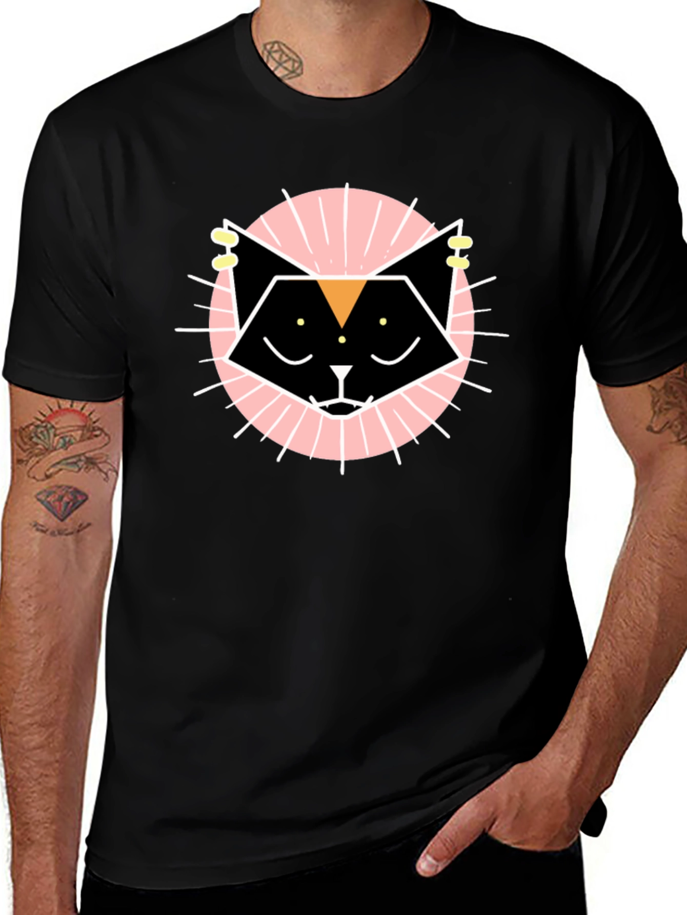 Geometric Cat Graphic Tee - Black Cotton T-Shirt