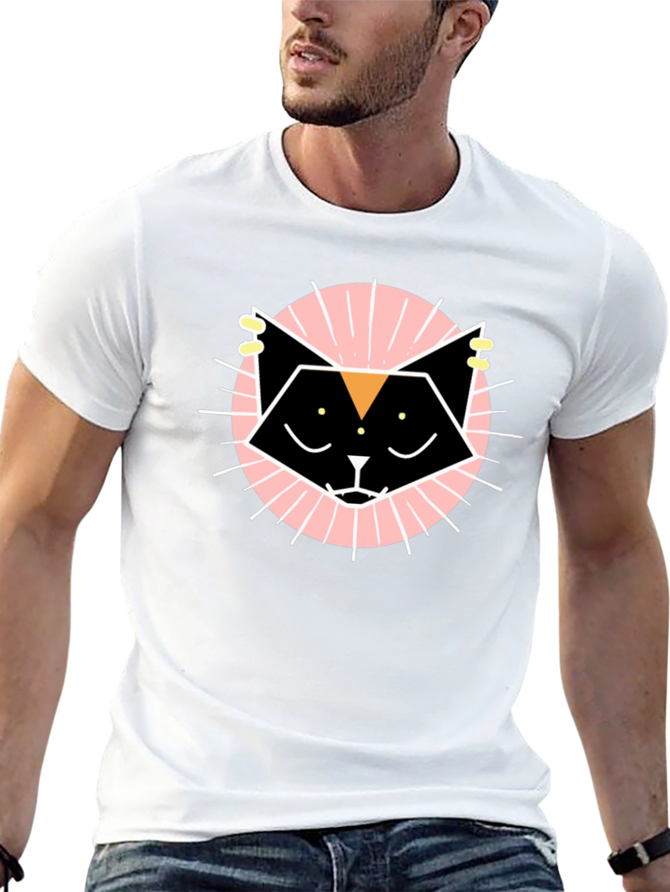 Geometric Cat Graphic Tee - Black Cotton T-Shirt