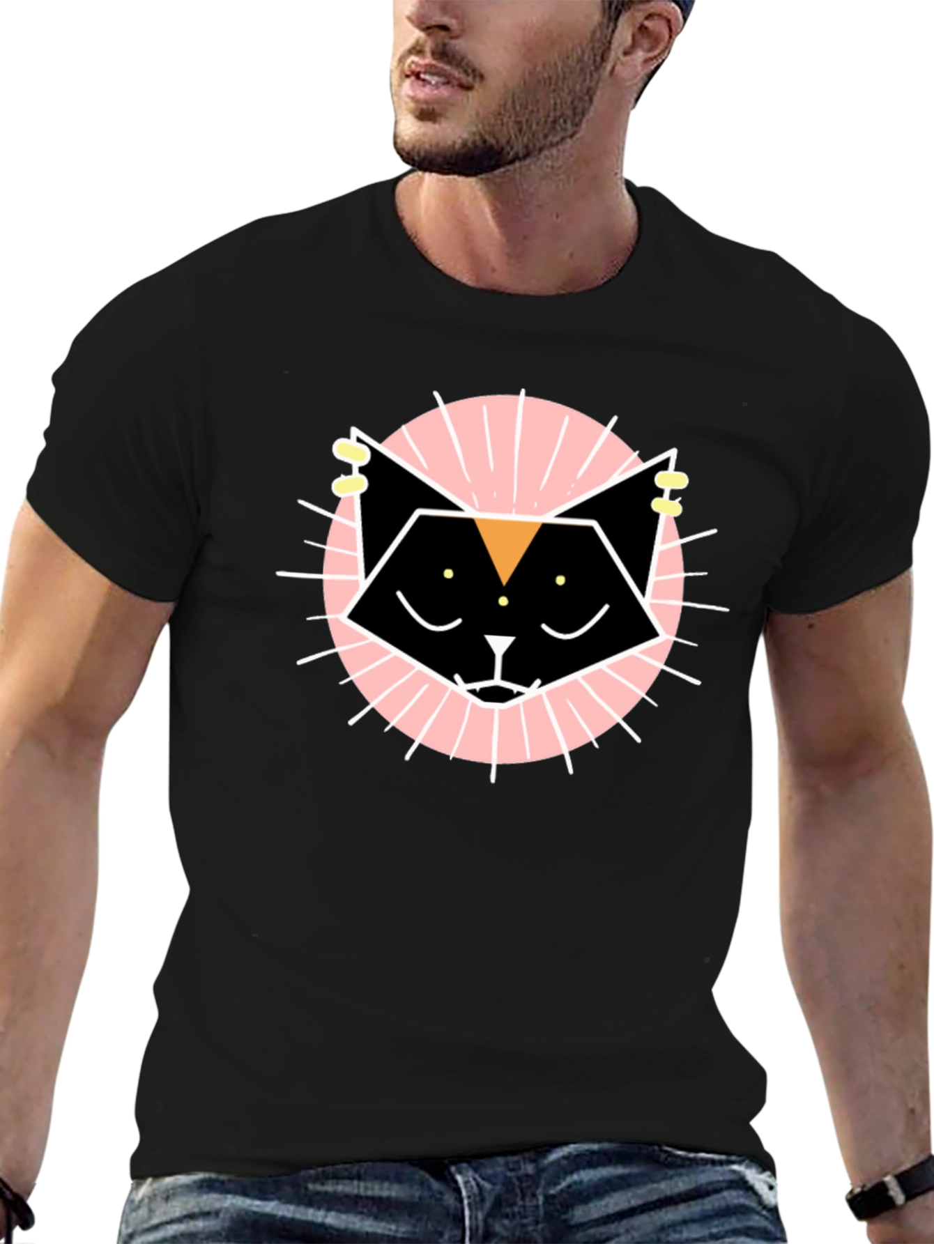 Geometric Cat Graphic Tee - Black Cotton T-Shirt