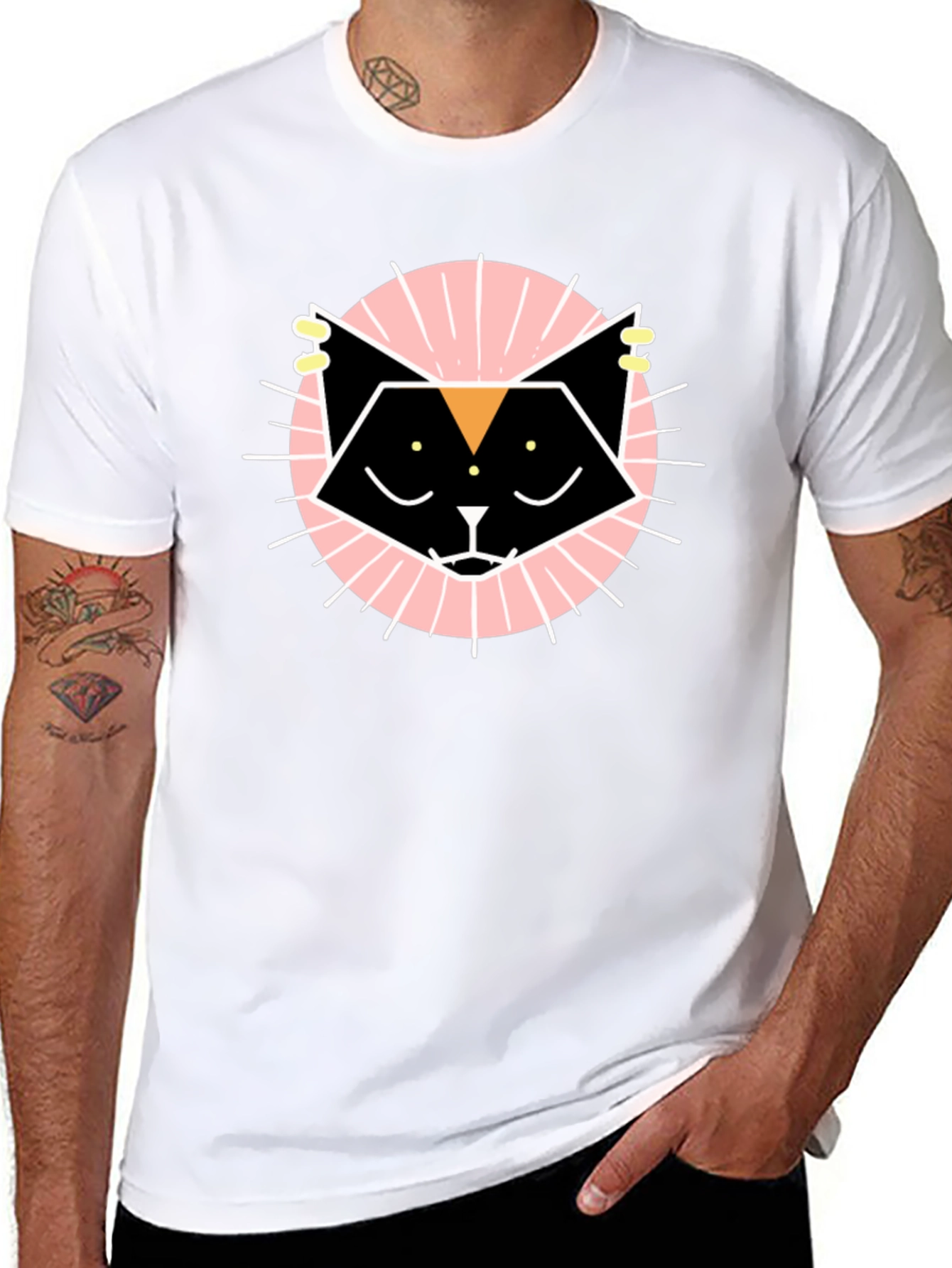 Geometric Cat Graphic Tee - Black Cotton T-Shirt