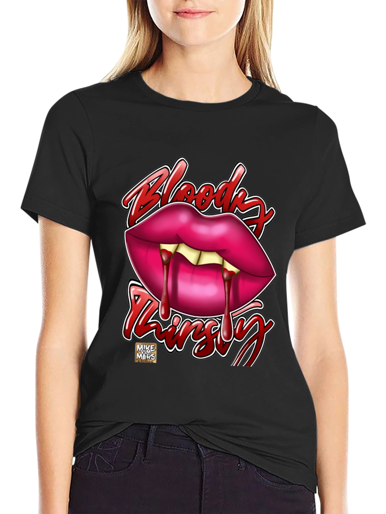 Bloody Thirsty Vampire Lips Graphic Tee - Black