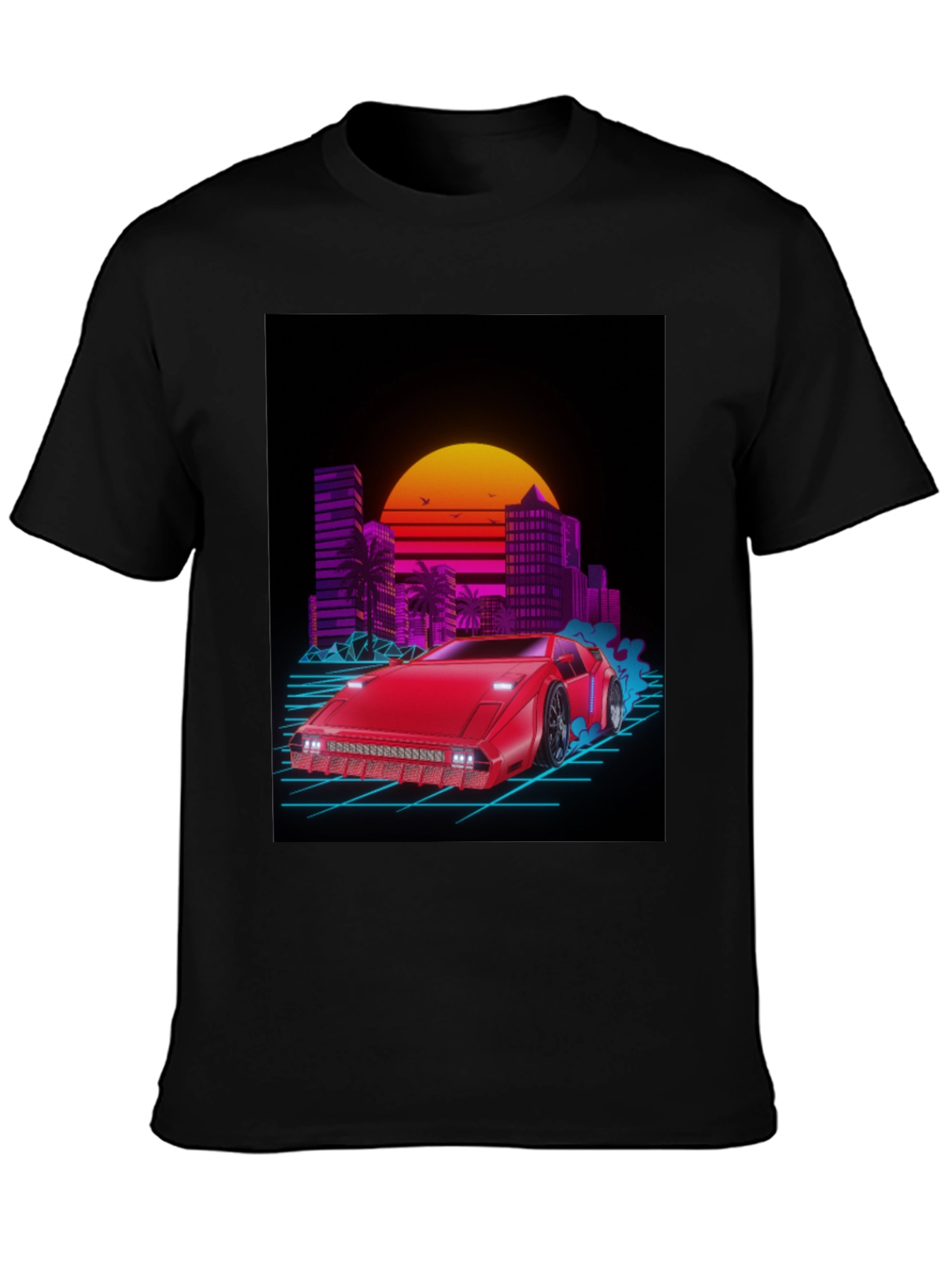 Retro Wave Red Car Graphic Tee - Black