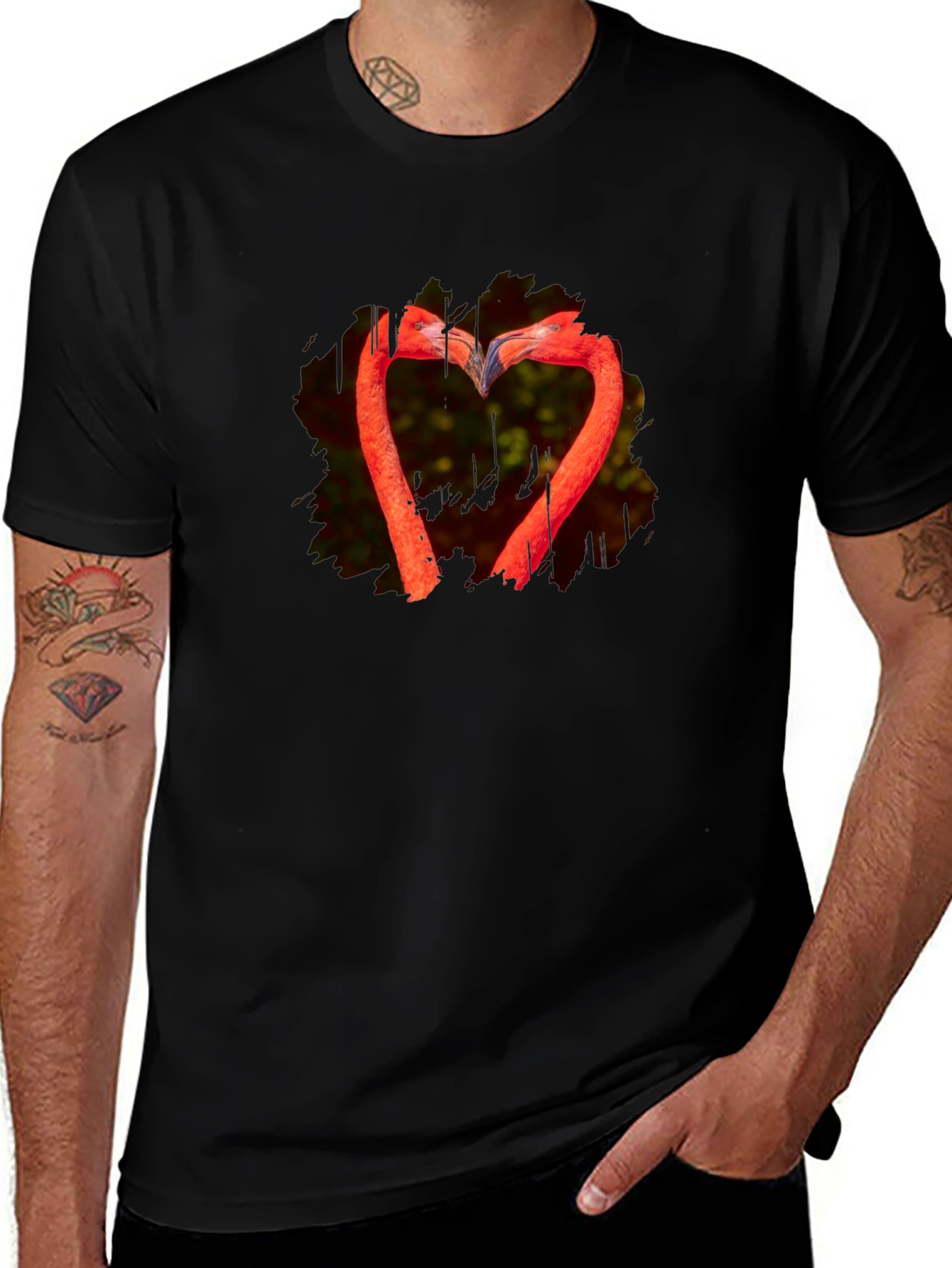 Flamingo Heart Black T-Shirt - Unique Design