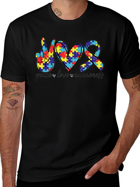 Autism Awareness Peace Love Ribbon Puzzle T-Shirt