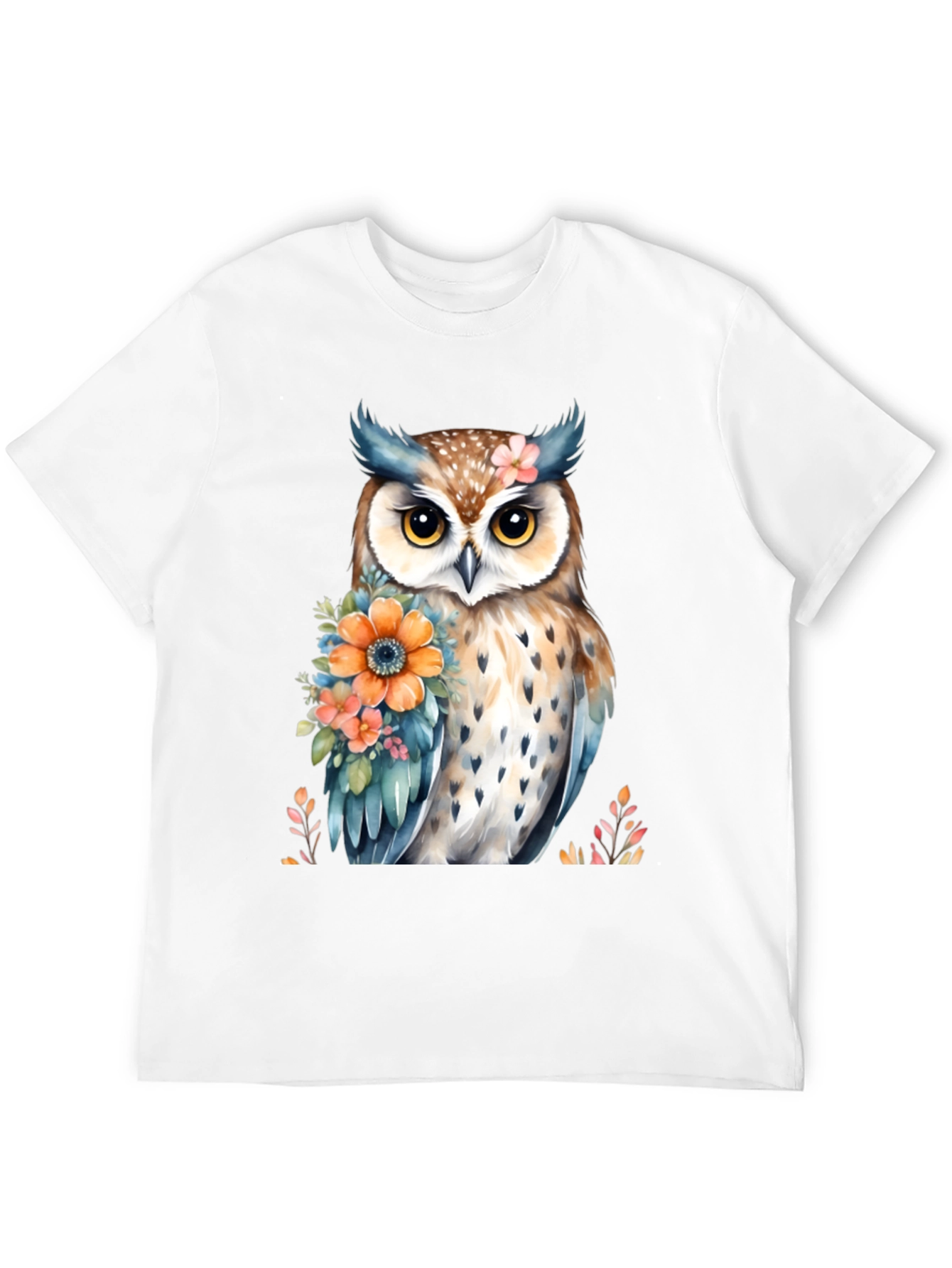 Owl and Floral Print Black T-Shirt
