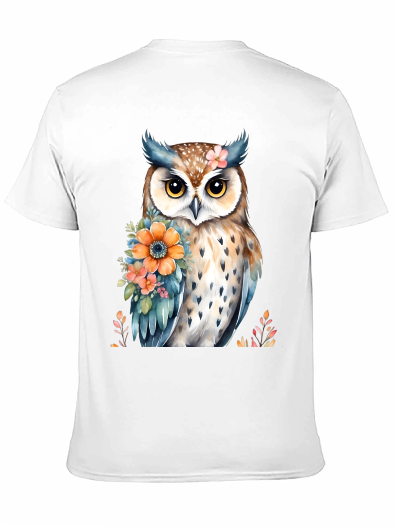 Owl and Floral Print Black T-Shirt