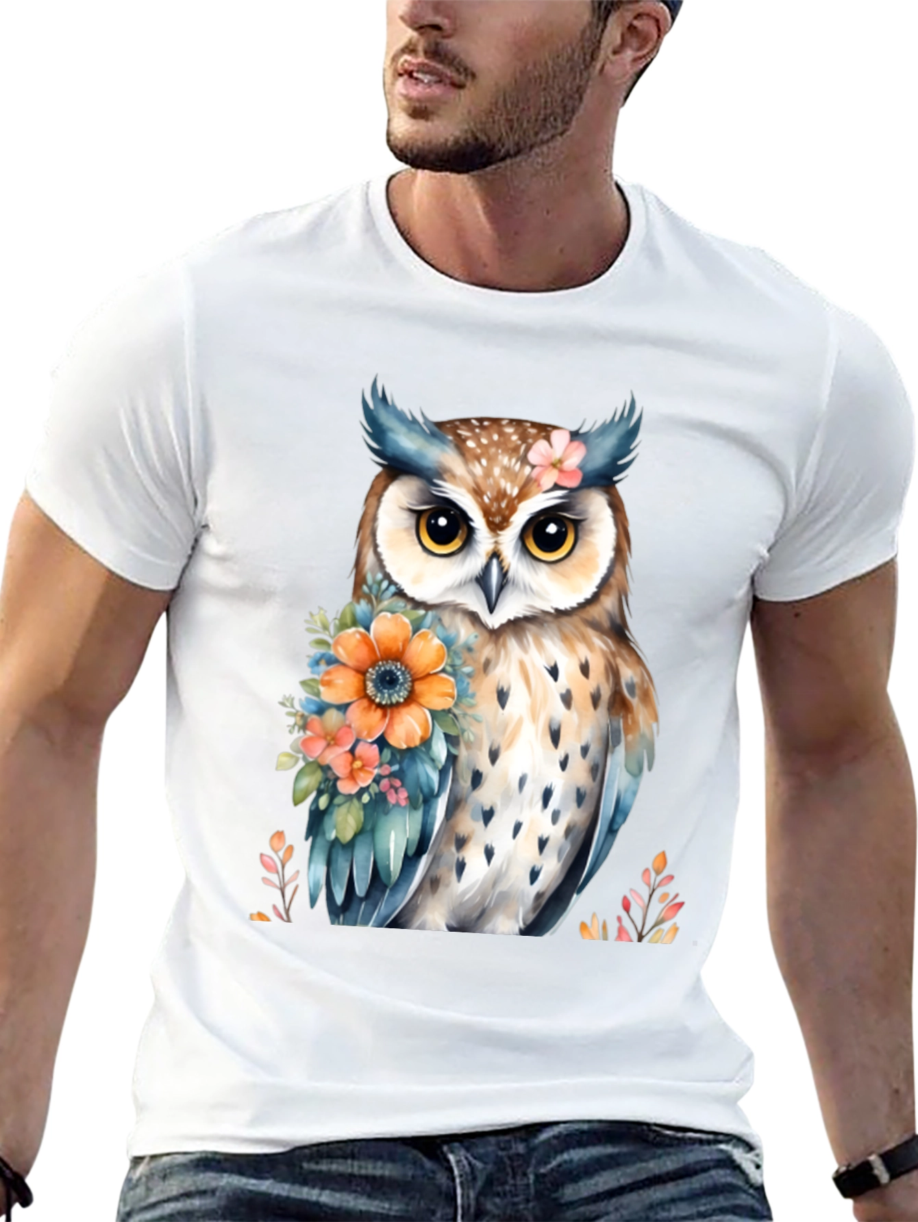 Owl and Floral Print Black T-Shirt