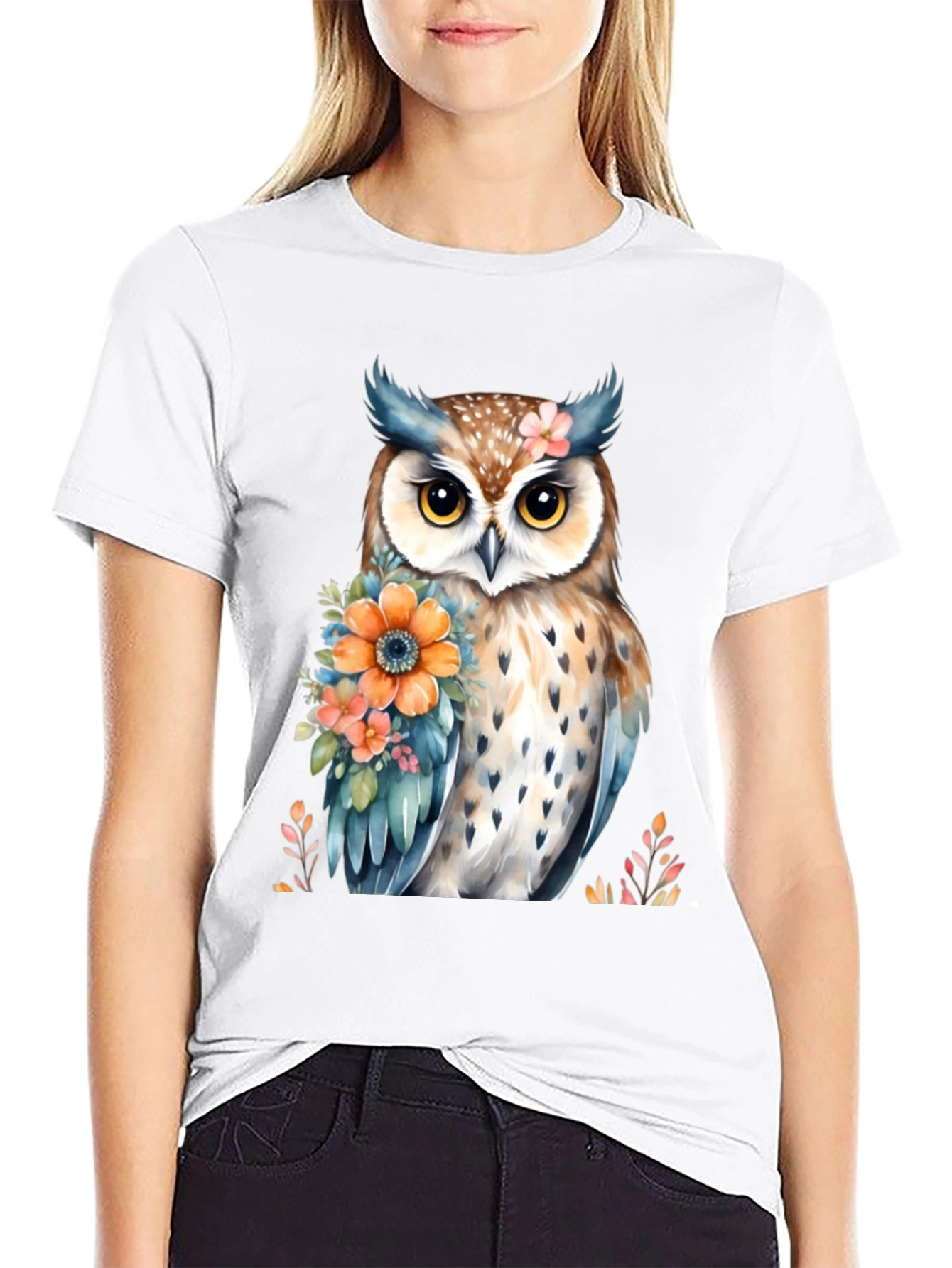 Owl and Floral Print Black T-Shirt