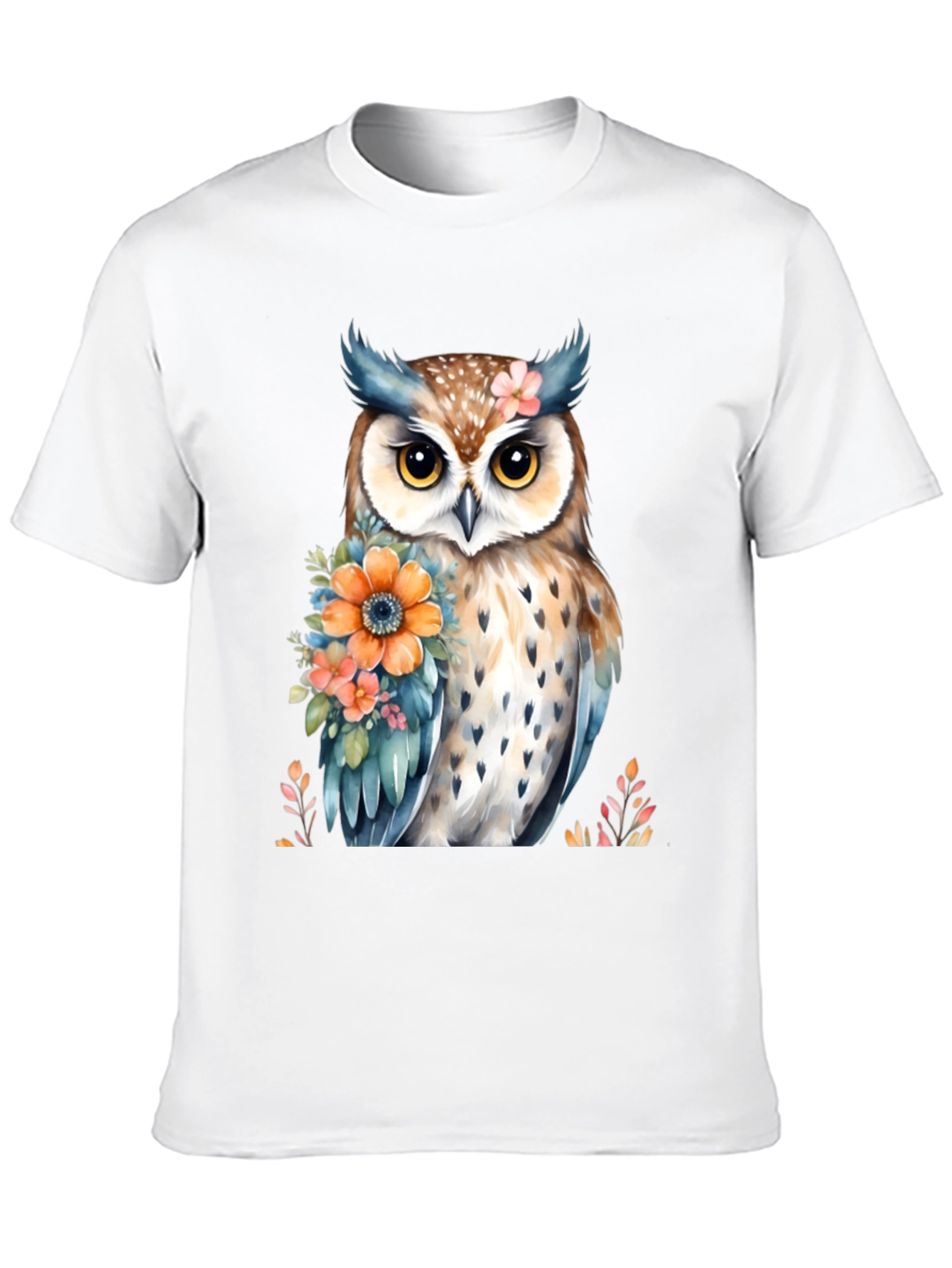 Owl and Floral Print Black T-Shirt