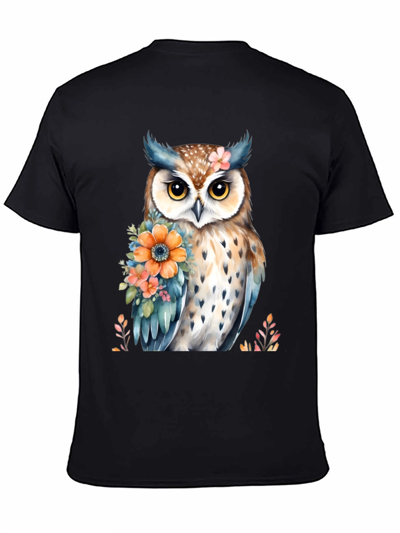 Owl and Floral Print Black T-Shirt