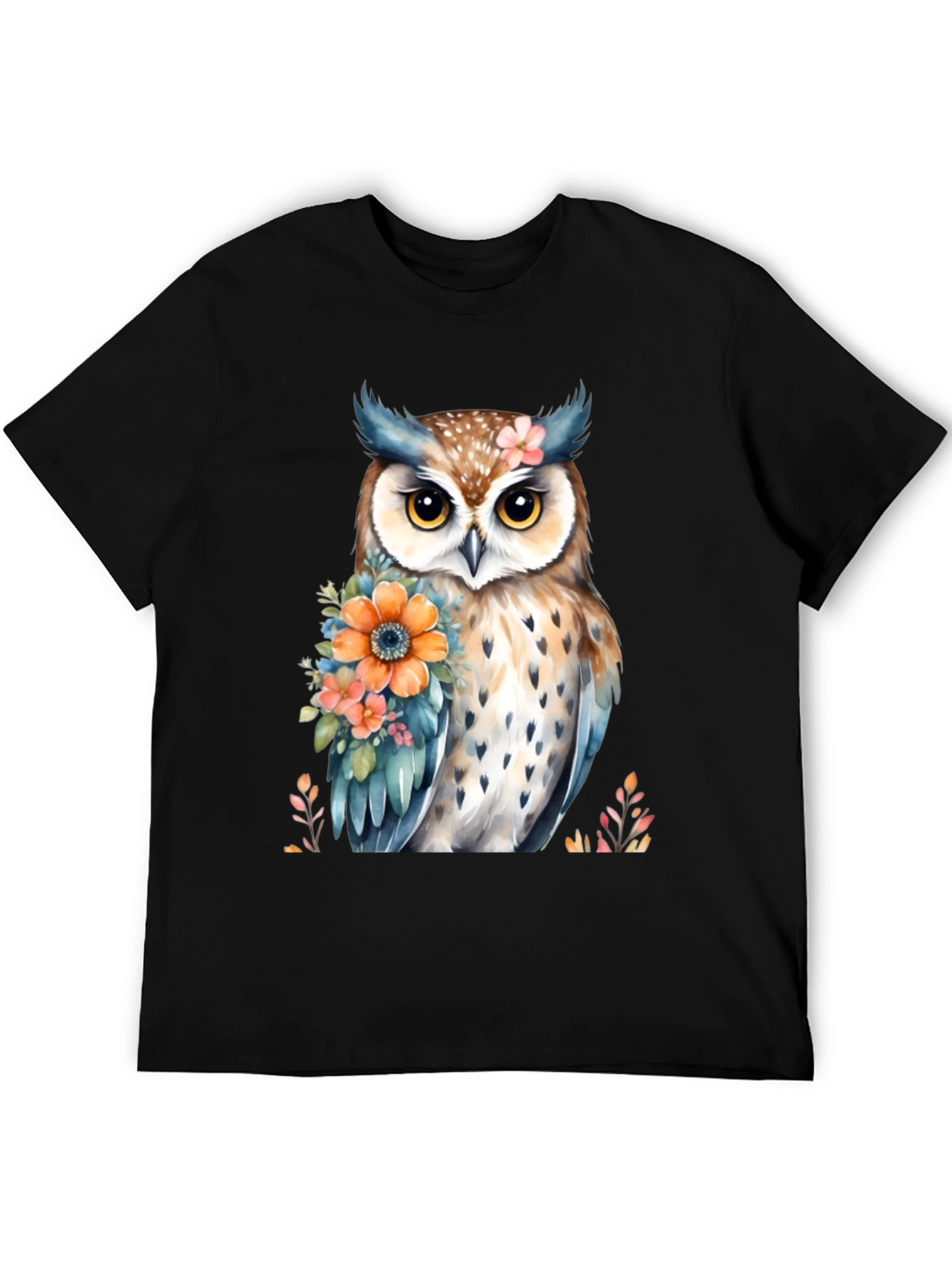 Owl and Floral Print Black T-Shirt