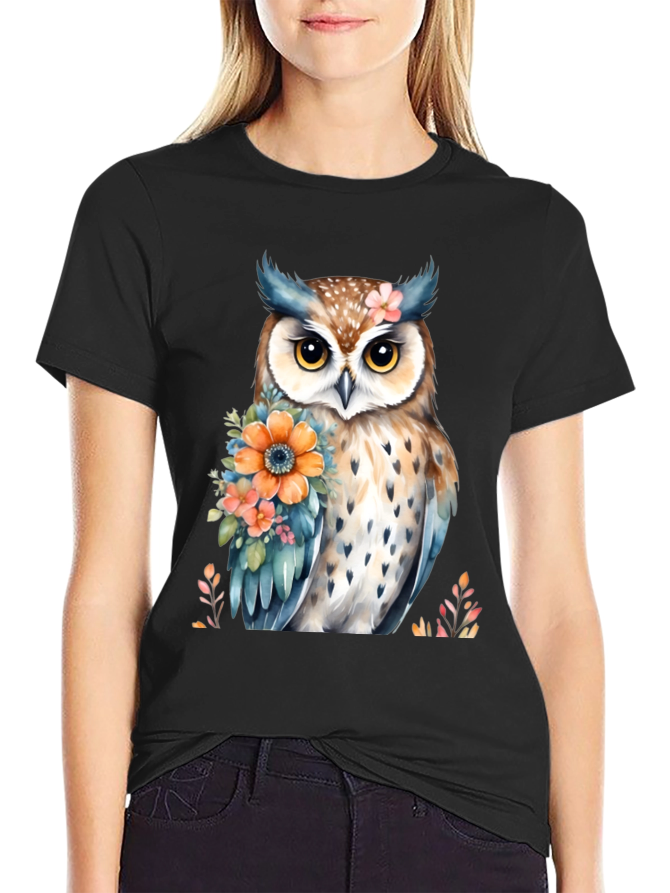 Owl and Floral Print Black T-Shirt