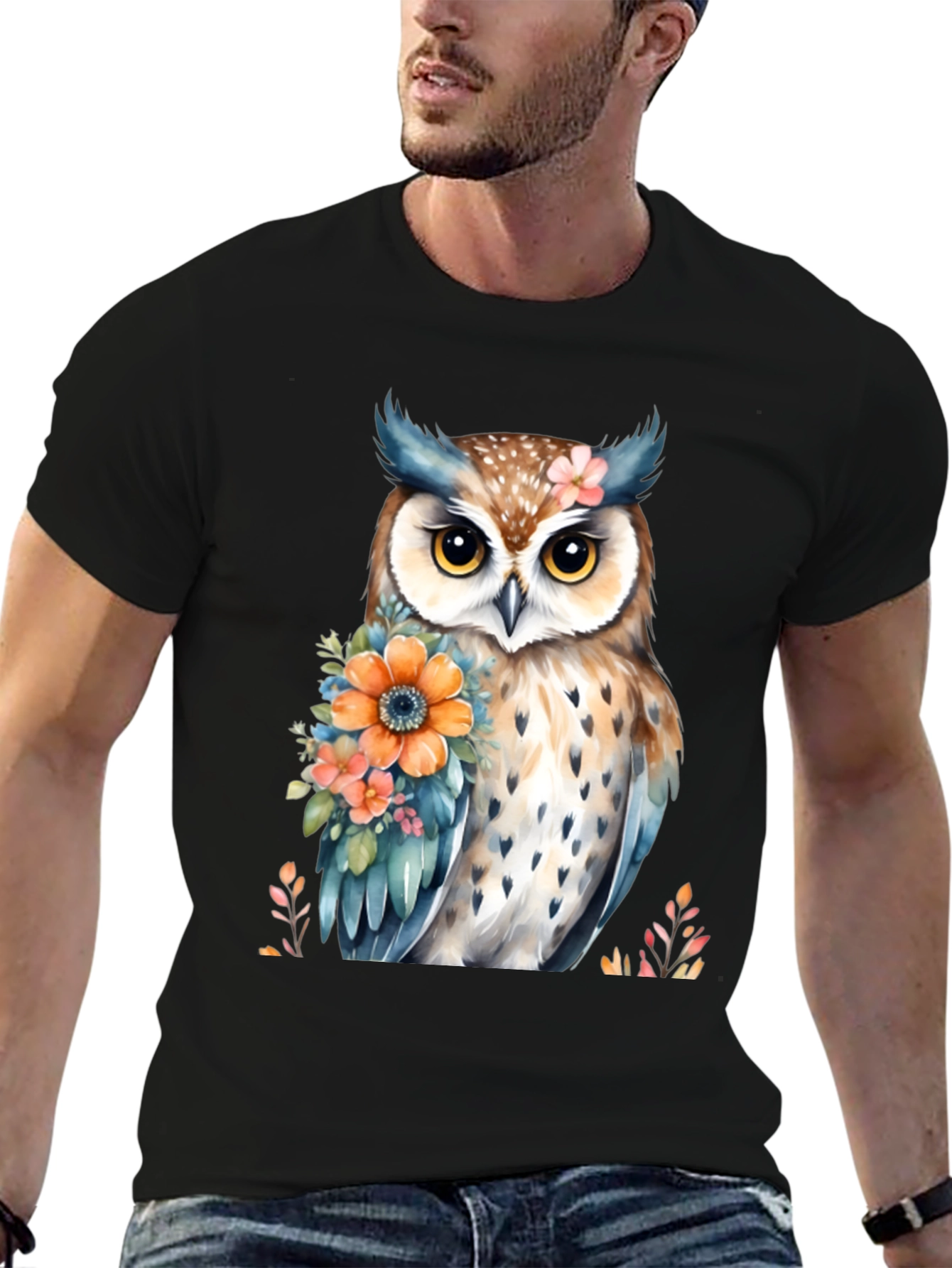 Owl and Floral Print Black T-Shirt