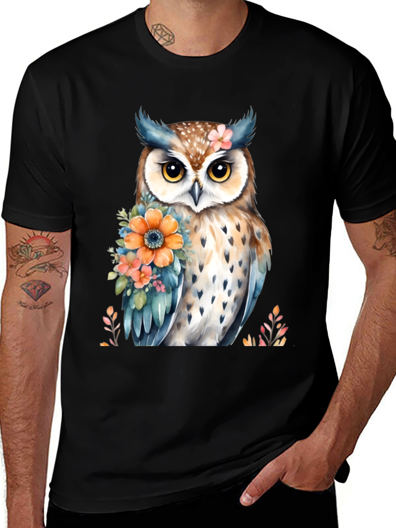 Owl and Floral Print Black T-Shirt