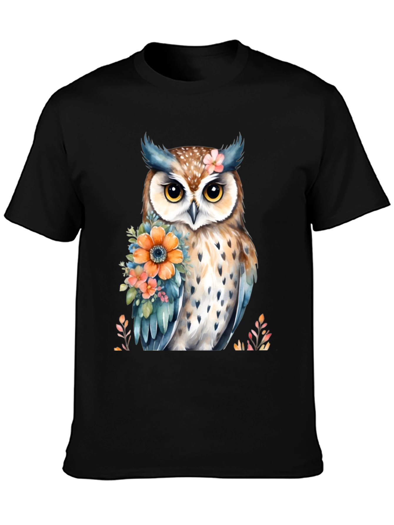 Owl and Floral Print Black T-Shirt