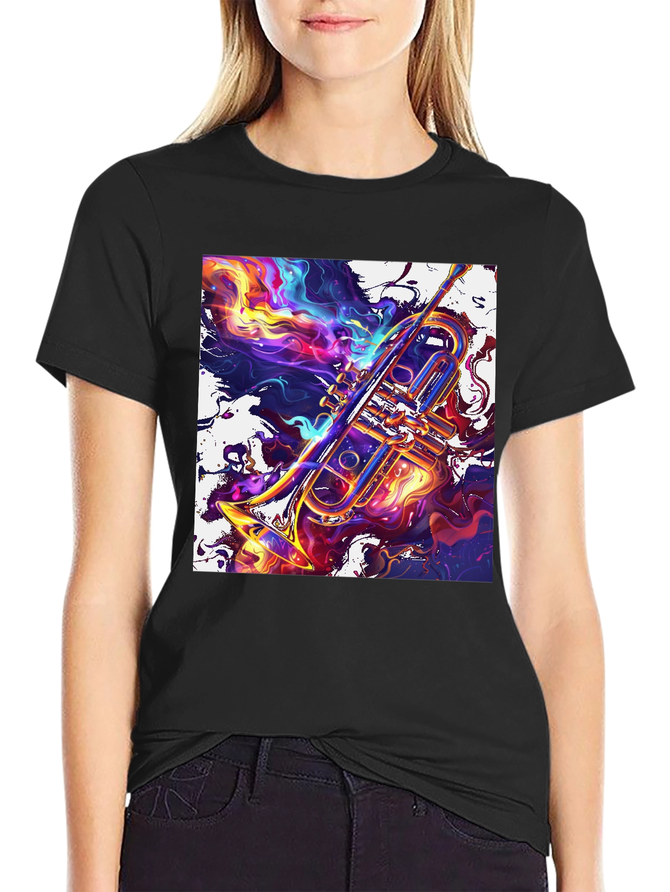 Abstract Trumpet Graphic T-Shirt - Vivid Musical Art Tee