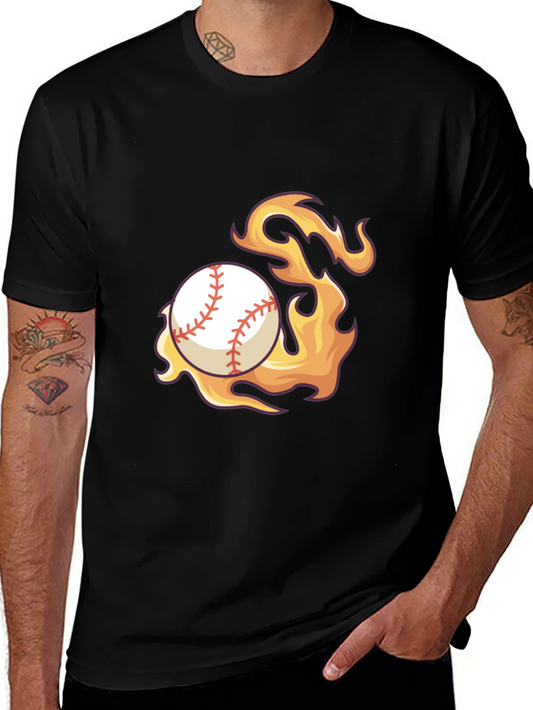 Flaming Baseball Graphic Tee - Black Cotton Shirt
