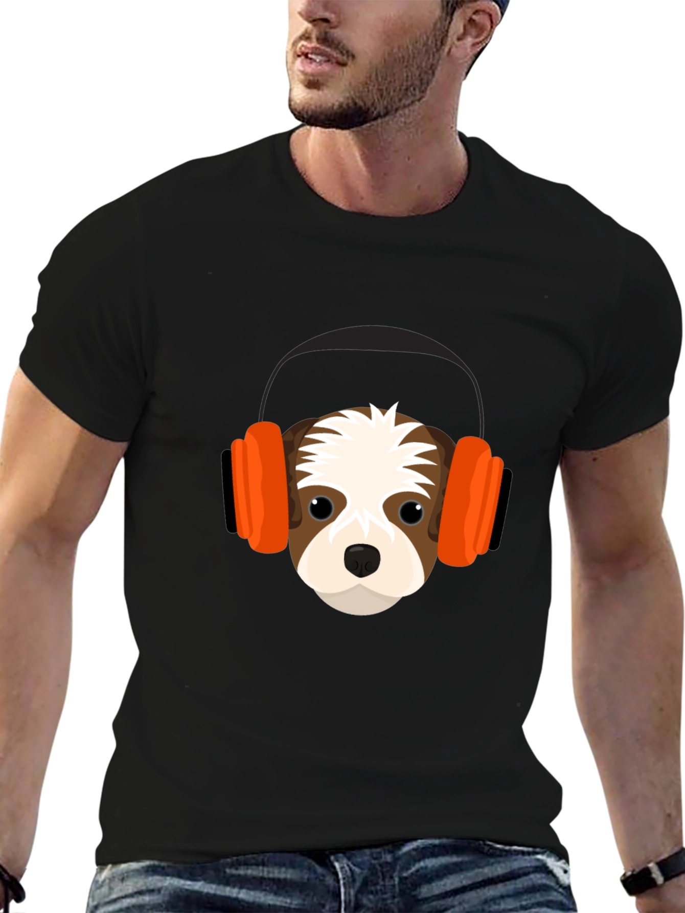 Dog with Headphones Graphic Tee - Black T-Shirt