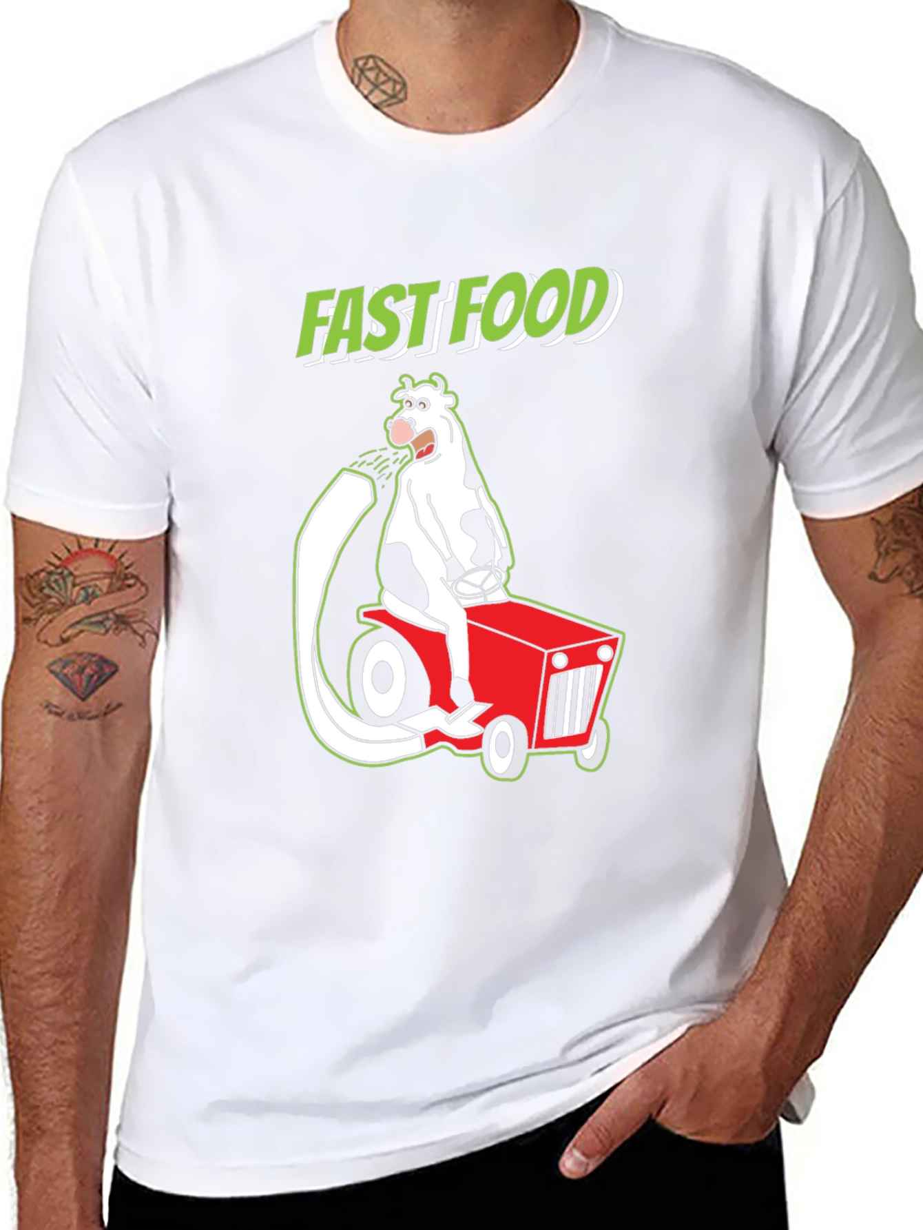 Fast Food Cartoon Cow on Tractor Graphic Tee