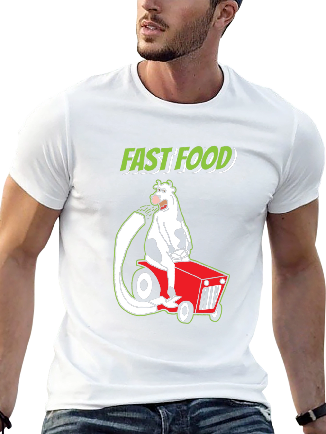 Fast Food Cartoon Cow on Tractor Graphic Tee