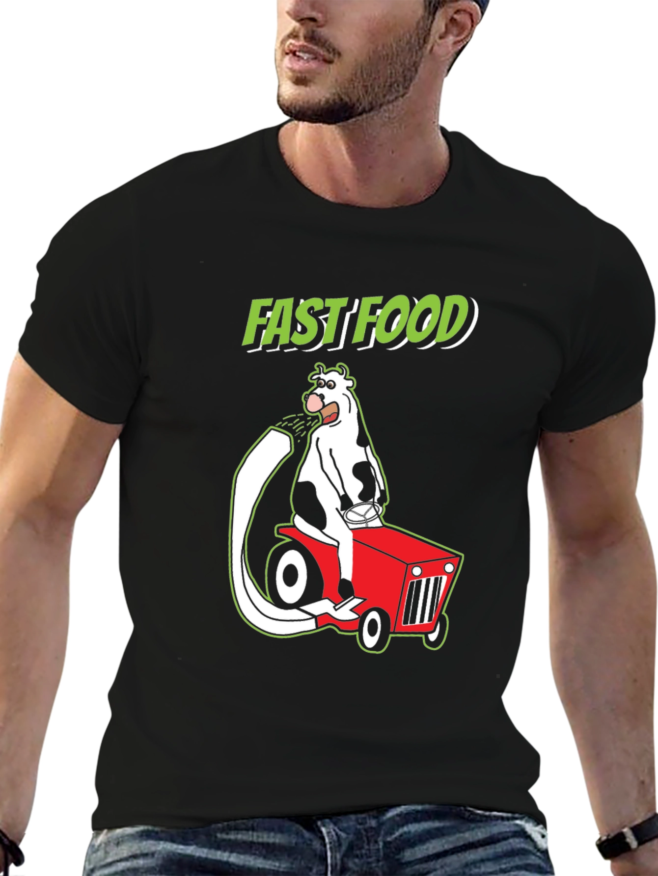 Fast Food Cartoon Cow on Tractor Graphic Tee