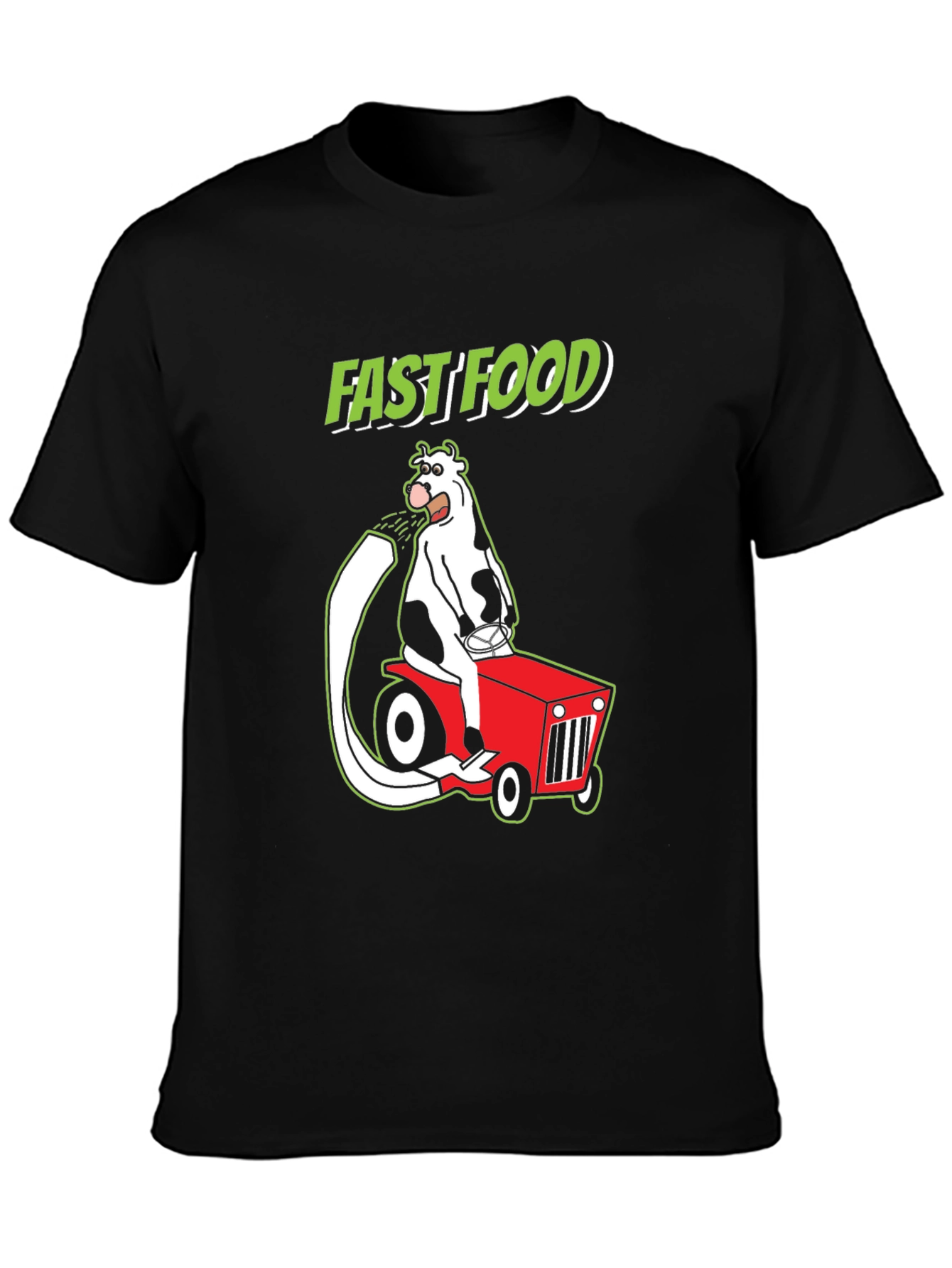 Fast Food Cartoon Cow on Tractor Graphic Tee