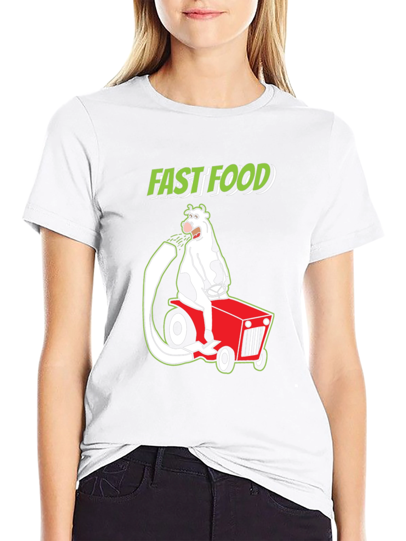 Fast Food Cartoon Cow on Tractor Graphic Tee