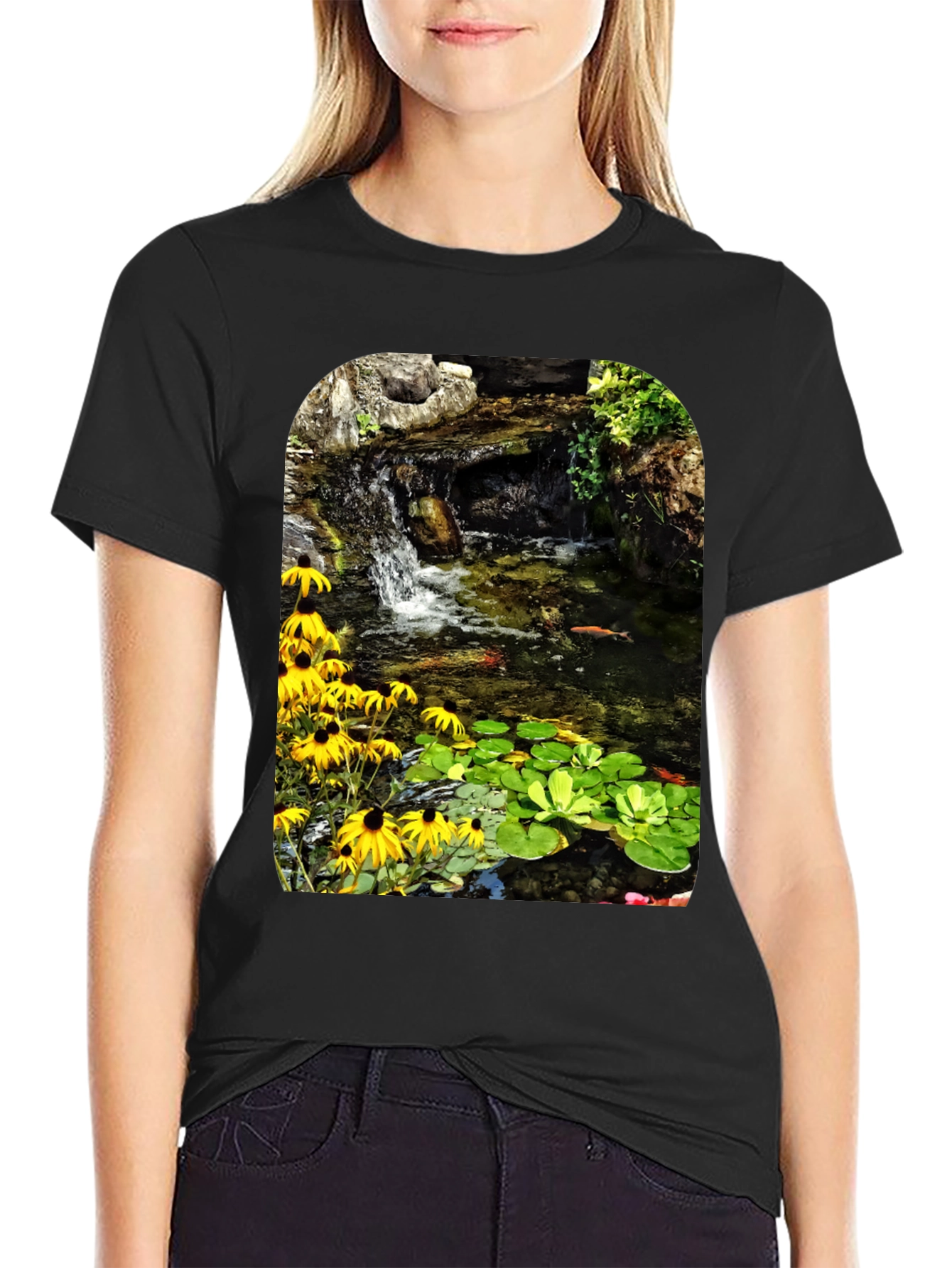 Koi Pond Waterfall Black T-Shirt