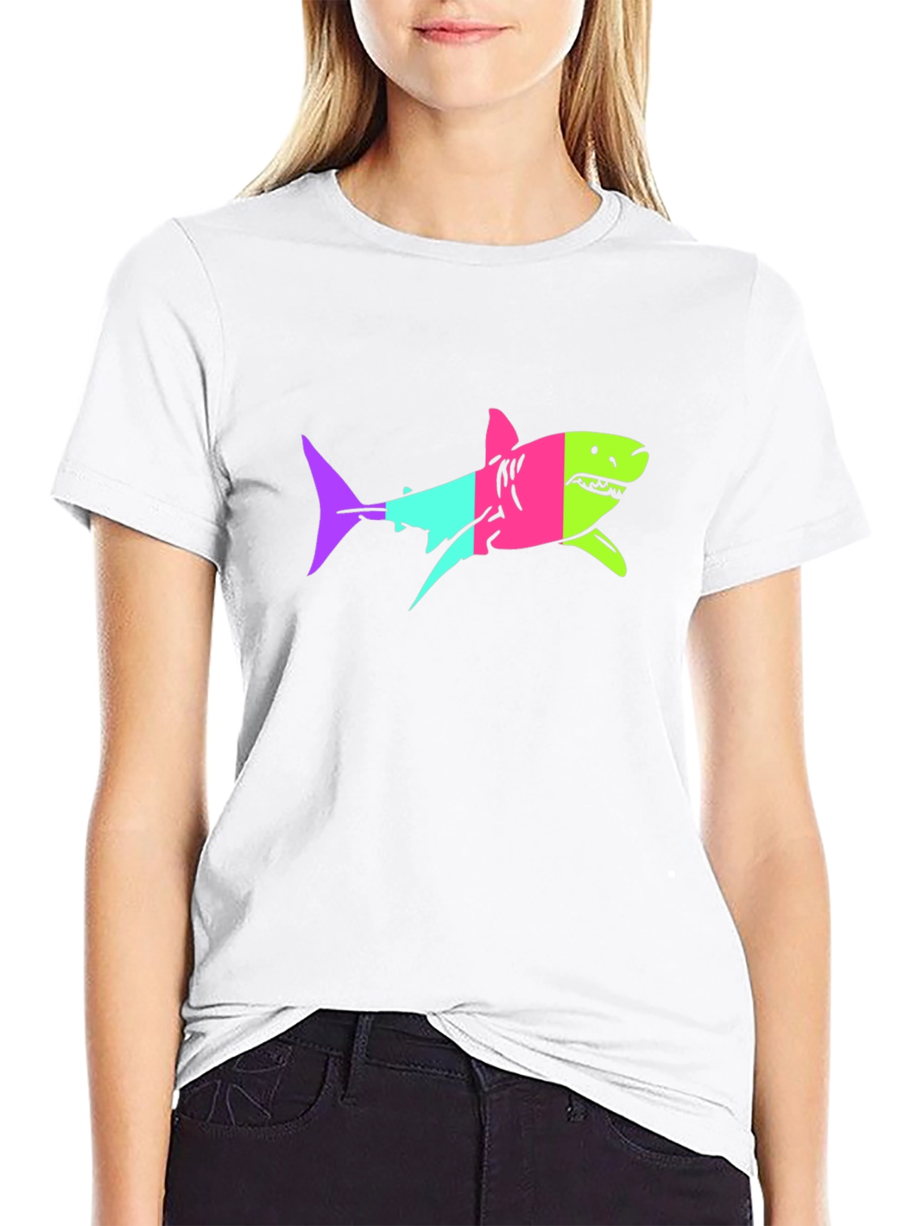 Neon Shark Graphic Print Black T-Shirt