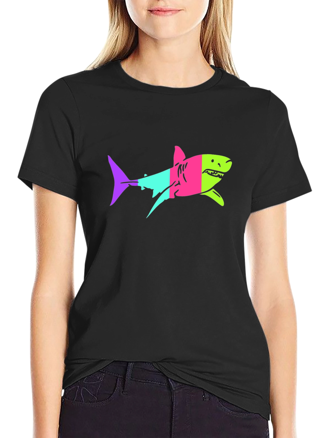 Neon Shark Graphic Print Black T-Shirt
