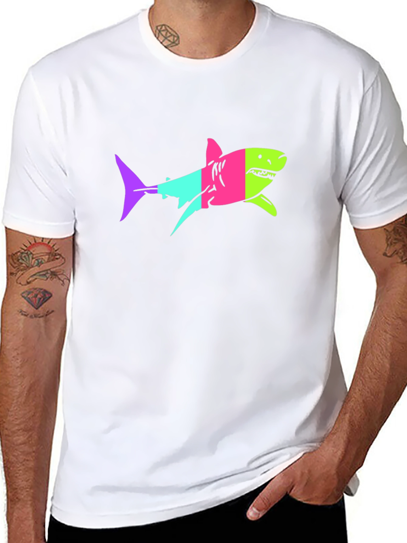 Neon Shark Graphic Print Black T-Shirt