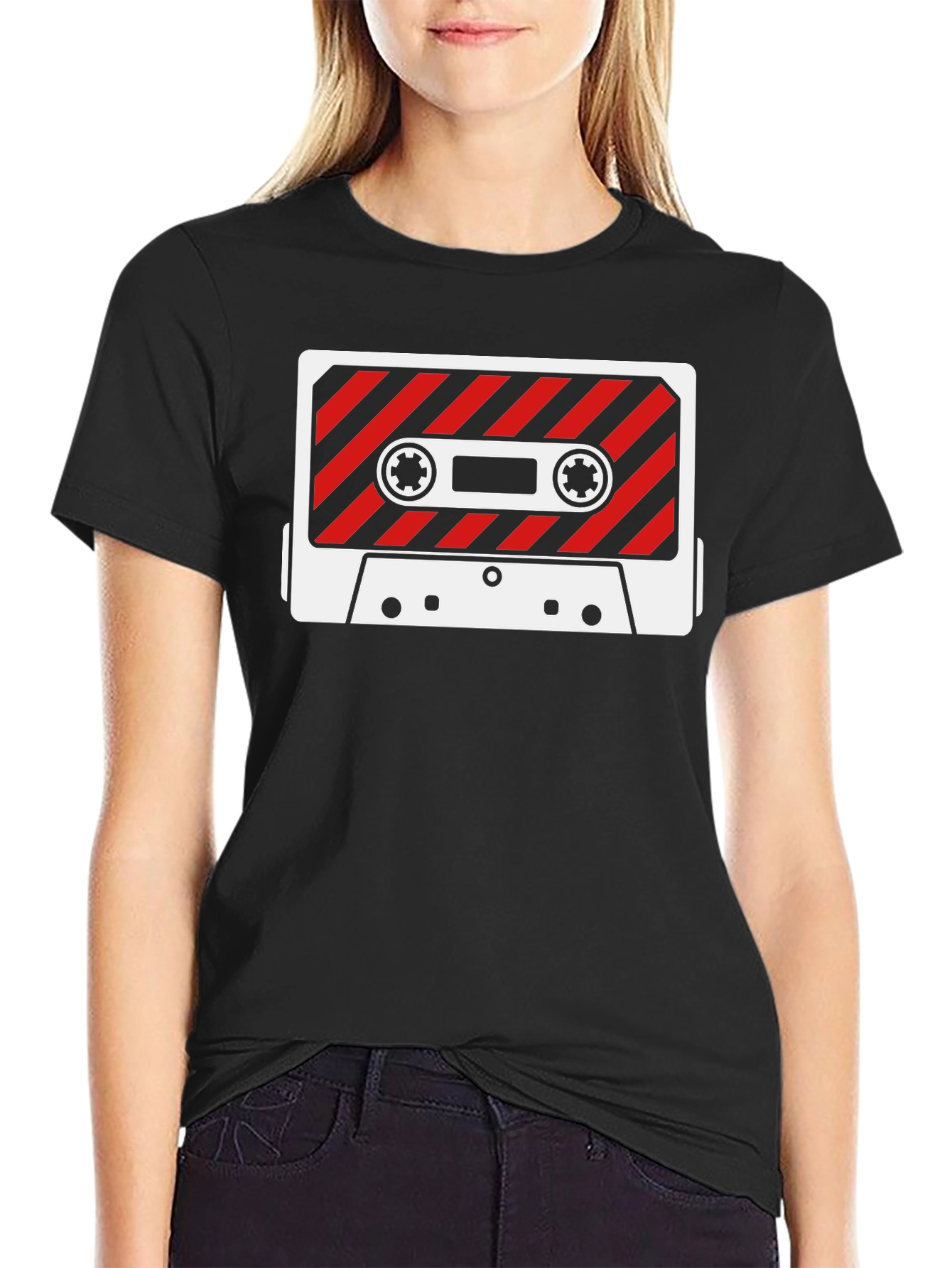Retro Cassette Tape Graphic Tee - Black Cotton T-Shirt