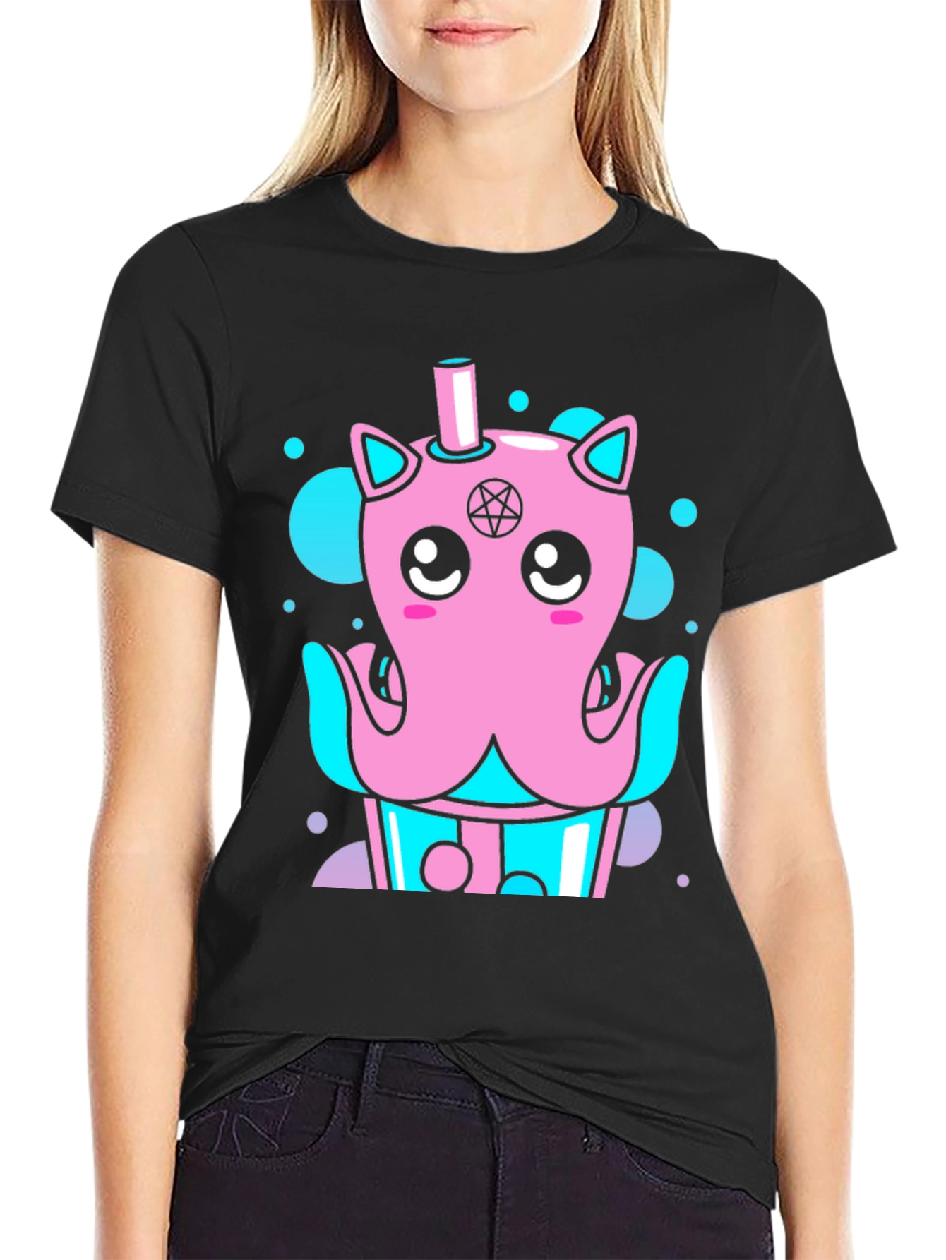 Cute Kawaii Octopus Bubble Tea Black T-Shirt