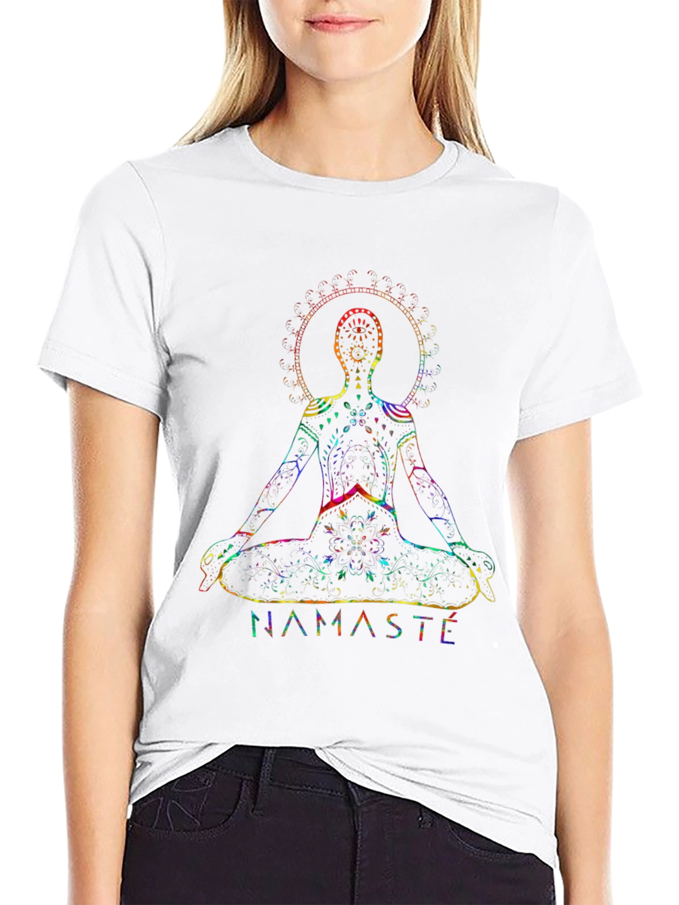 Namaste Yoga Rainbow Chakra Graphic Black T-Shirt