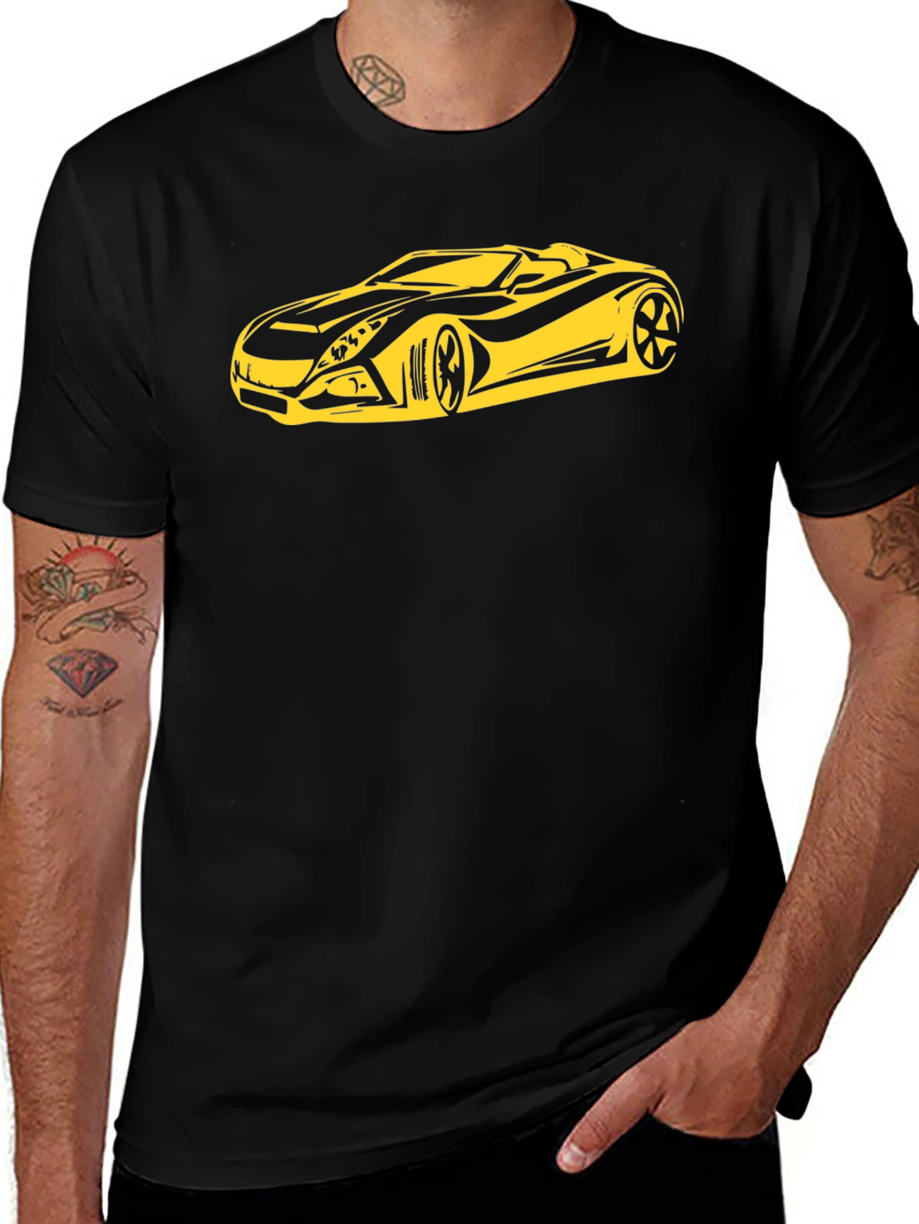 Stylish Black T-Shirt with Yellow Sports Car Graphic
