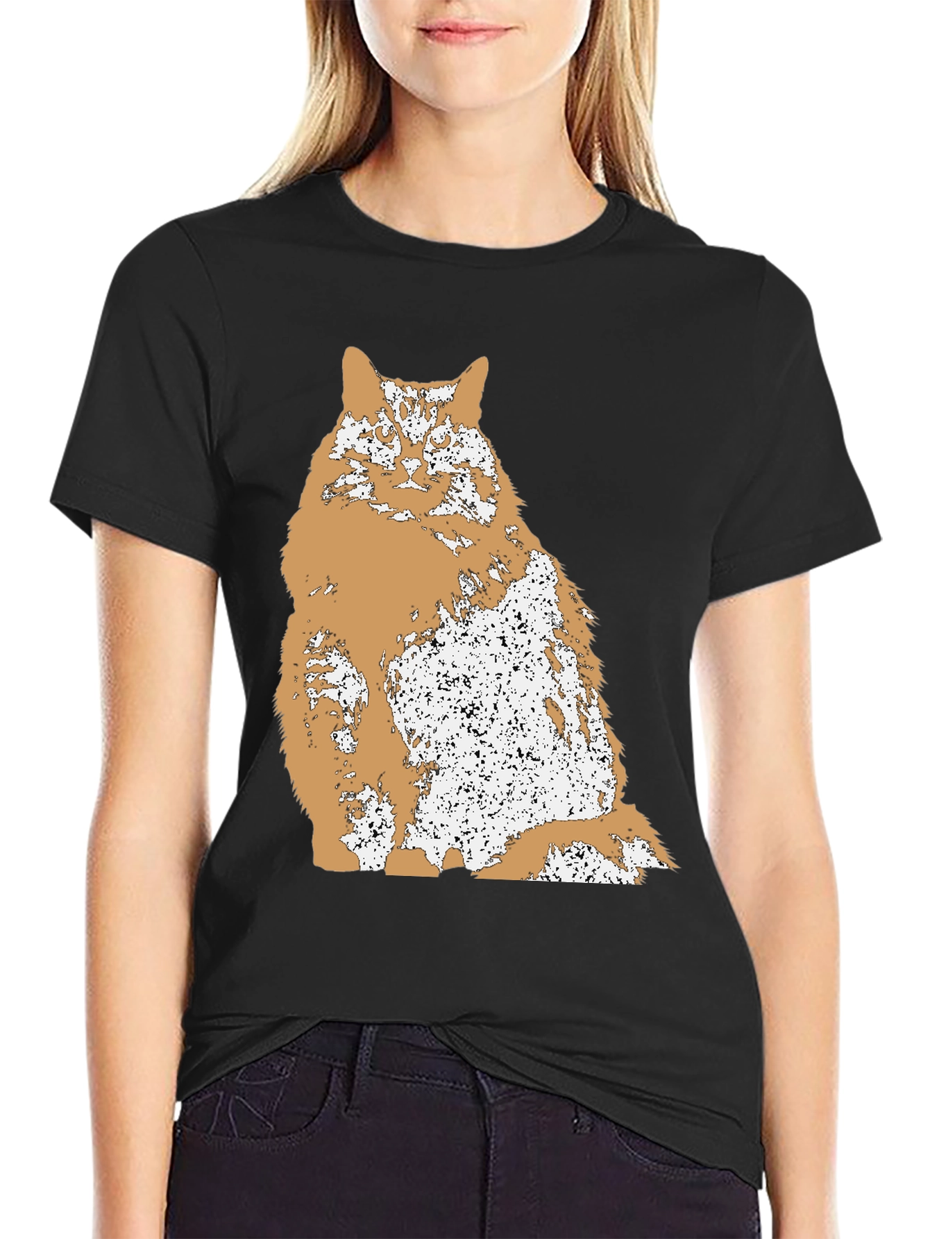 Distressed Cat Graphic T-Shirt - Black