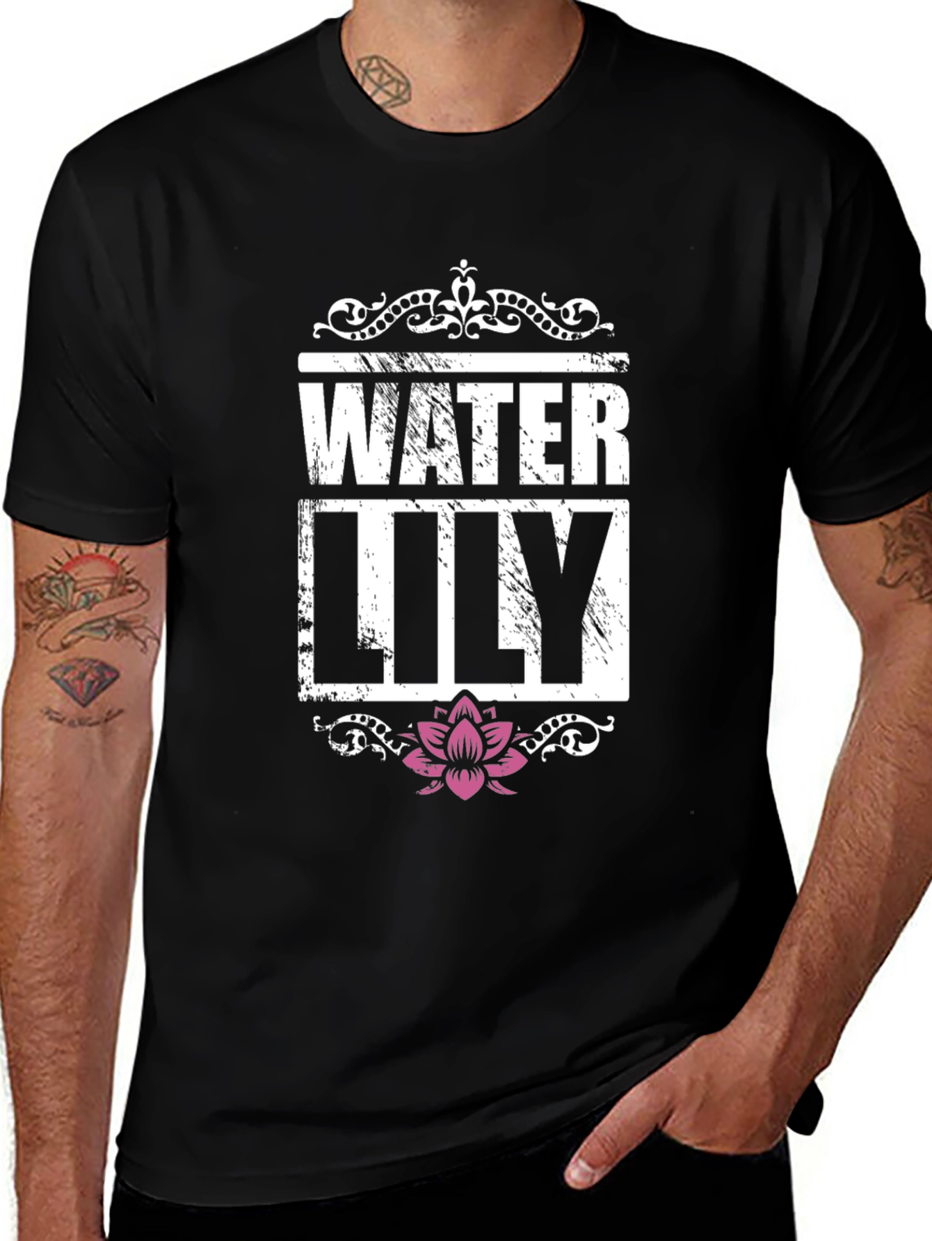 Water Lily Graphic T-Shirt Black Cotton Tee
