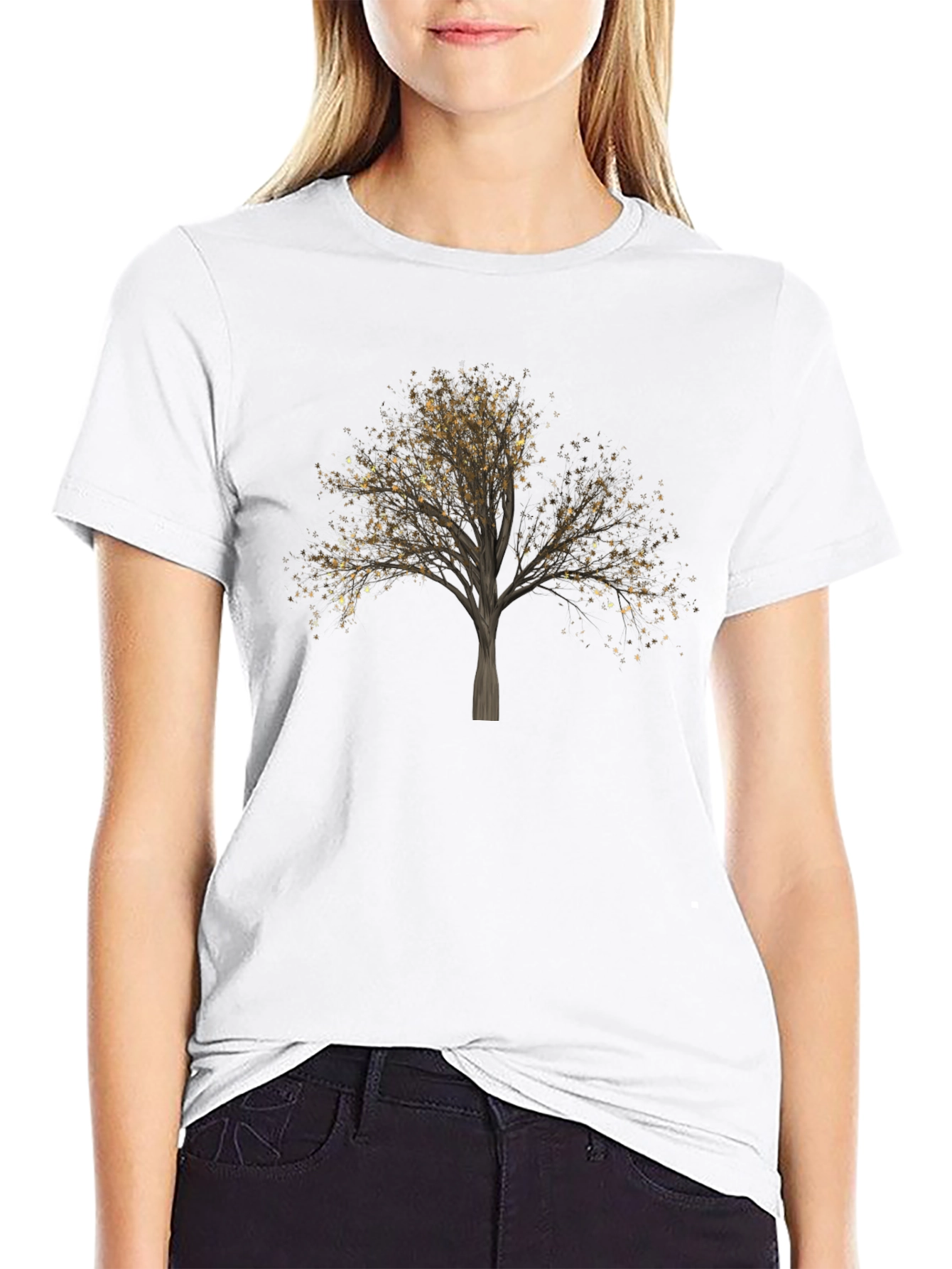 Golden Leaf Tree Graphic T-Shirt - Nature Inspired Design