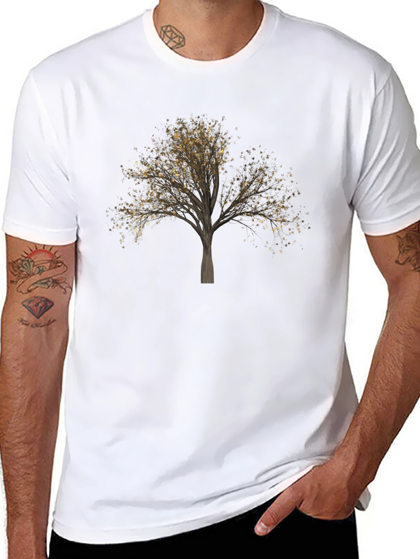 Golden Leaf Tree Graphic T-Shirt - Nature Inspired Design