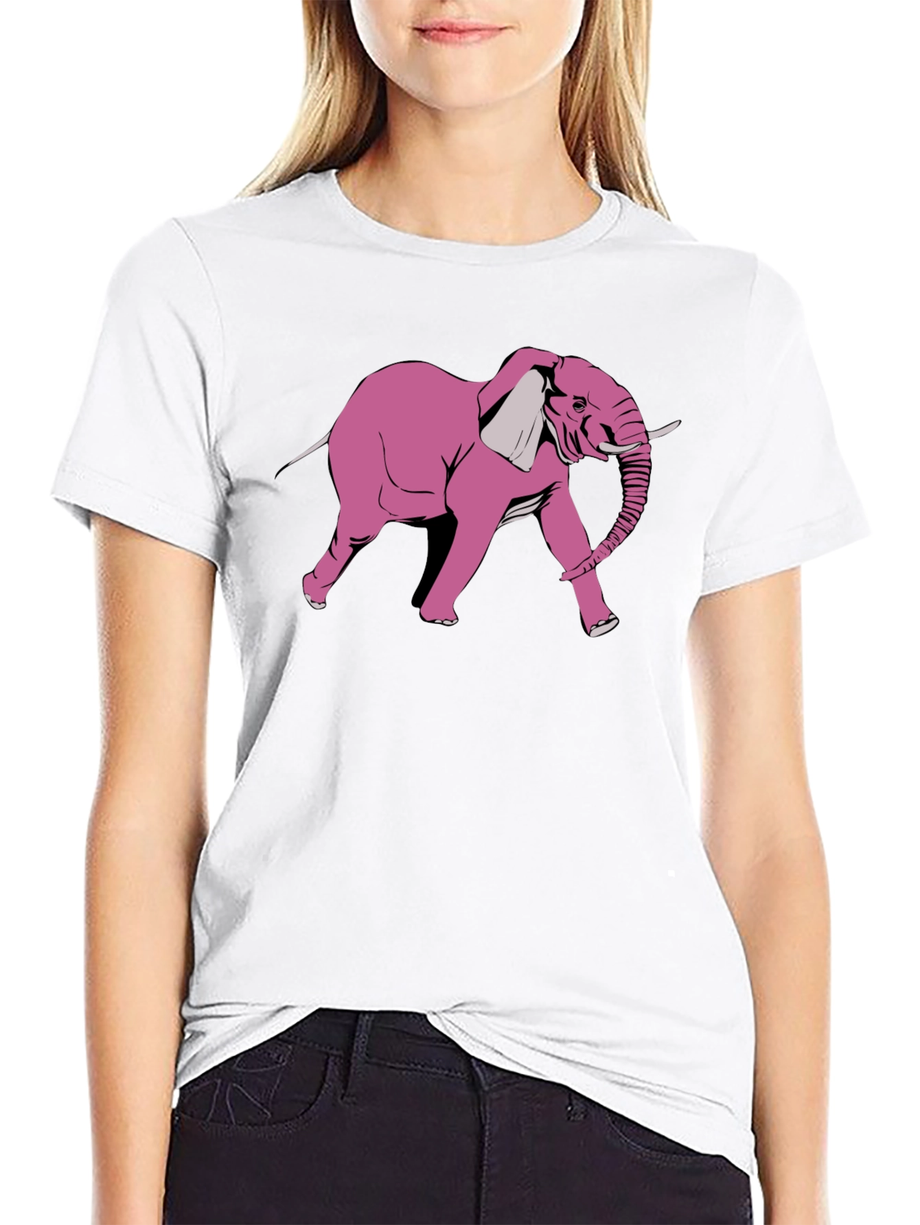 Pink Elephant Graphic Print Black T-Shirt