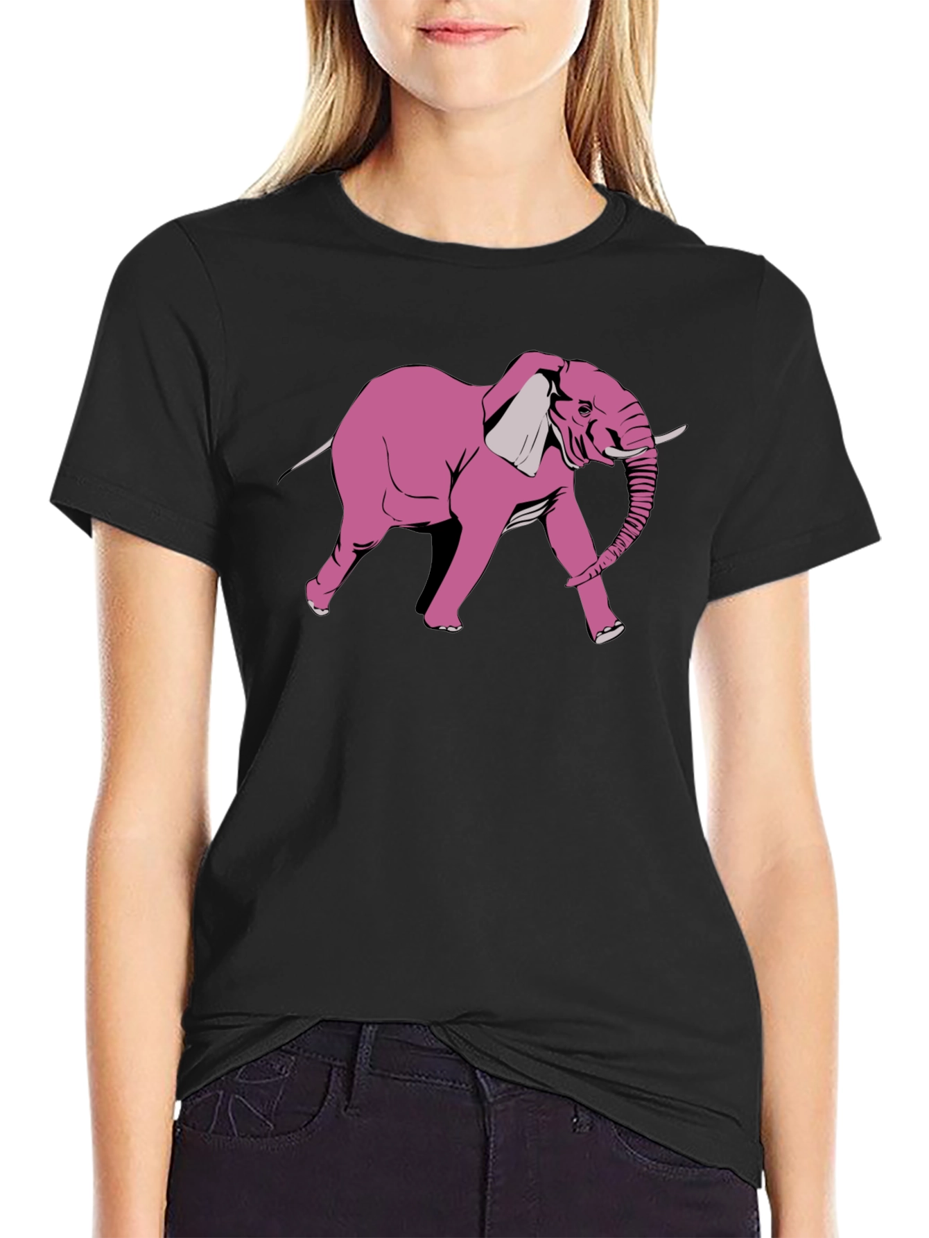 Pink Elephant Graphic Print Black T-Shirt