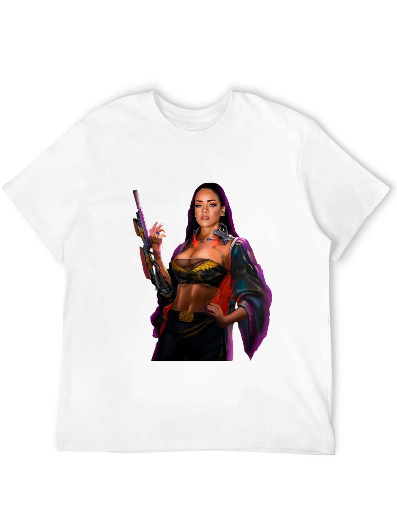 Cyberpunk Style Woman with Gun Graphic T-Shirt