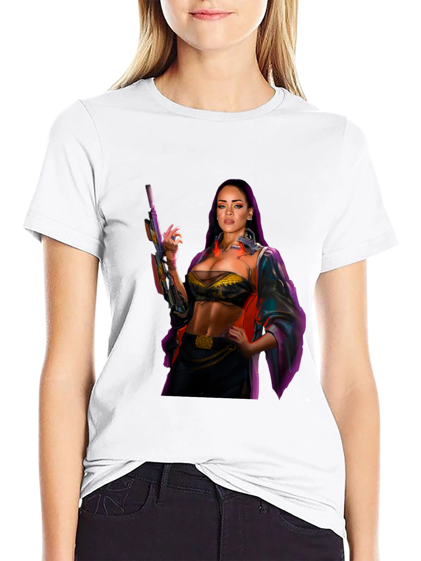 Cyberpunk Style Woman with Gun Graphic T-Shirt