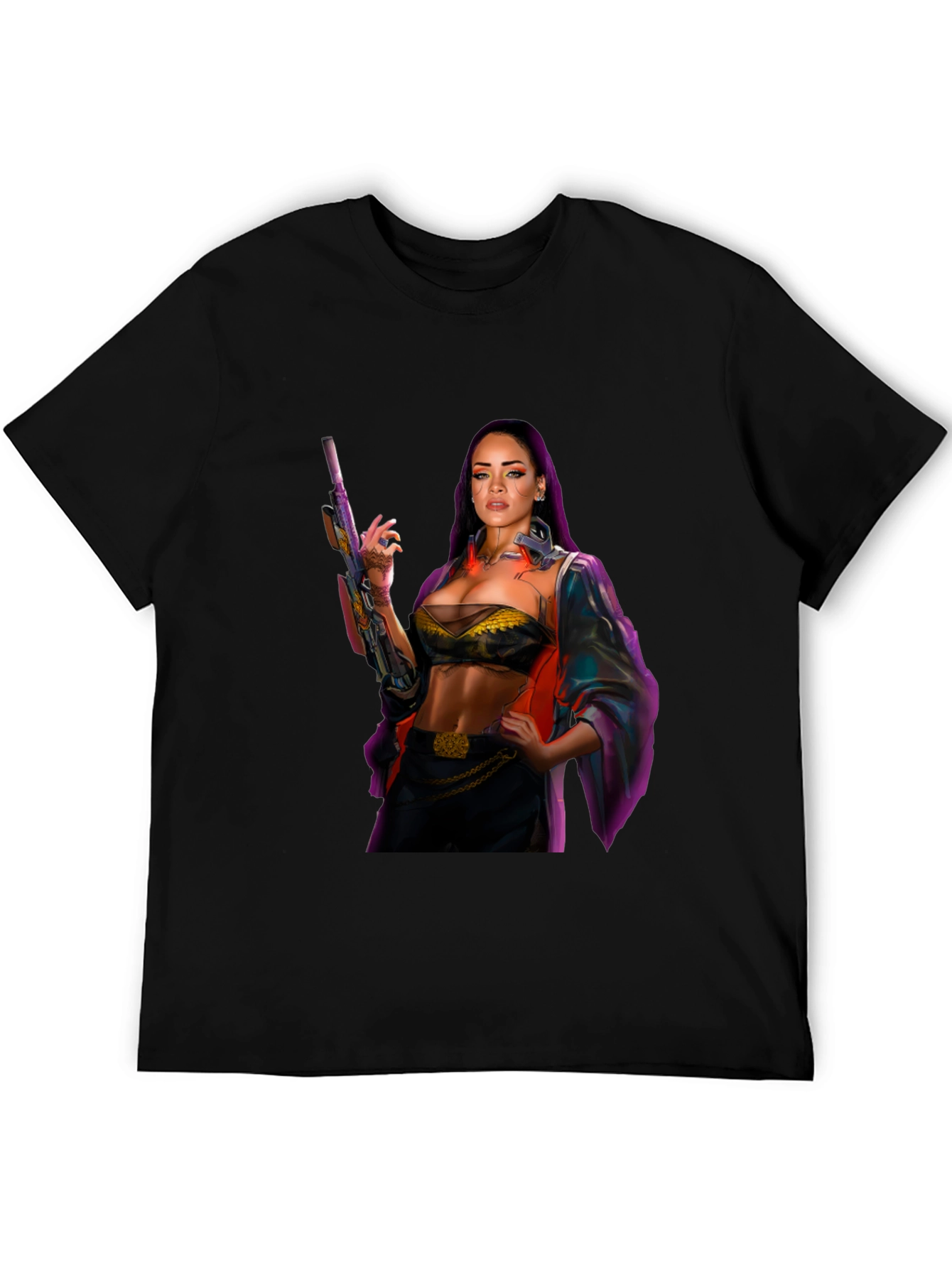 Cyberpunk Style Woman with Gun Graphic T-Shirt