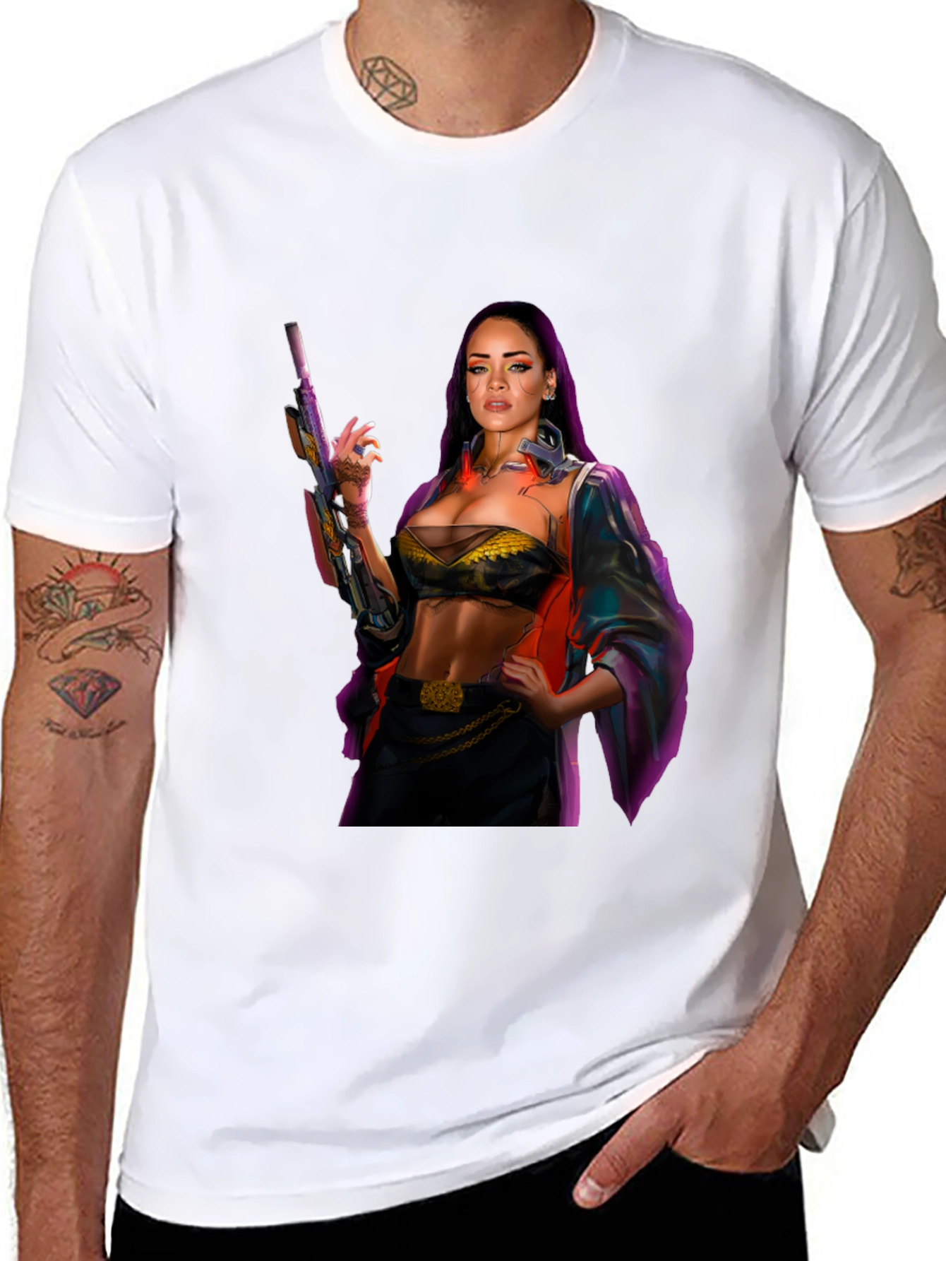 Cyberpunk Style Woman with Gun Graphic T-Shirt