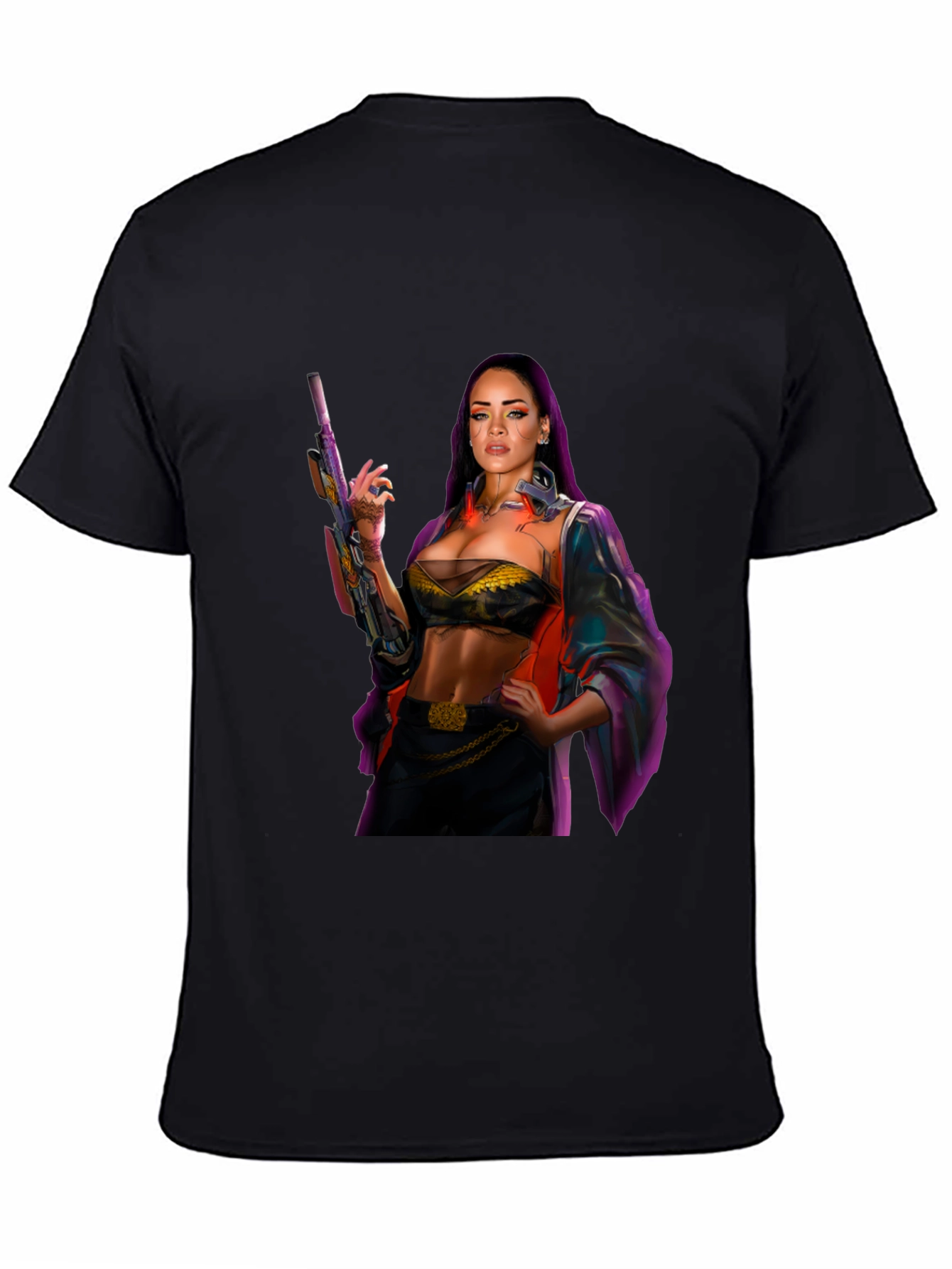 Cyberpunk Style Woman with Gun Graphic T-Shirt