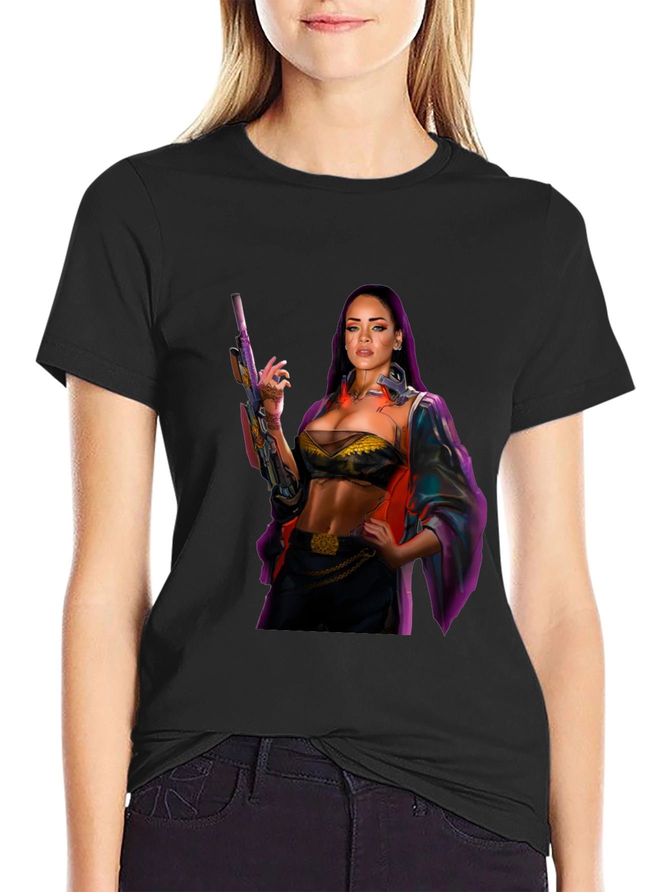 Cyberpunk Style Woman with Gun Graphic T-Shirt