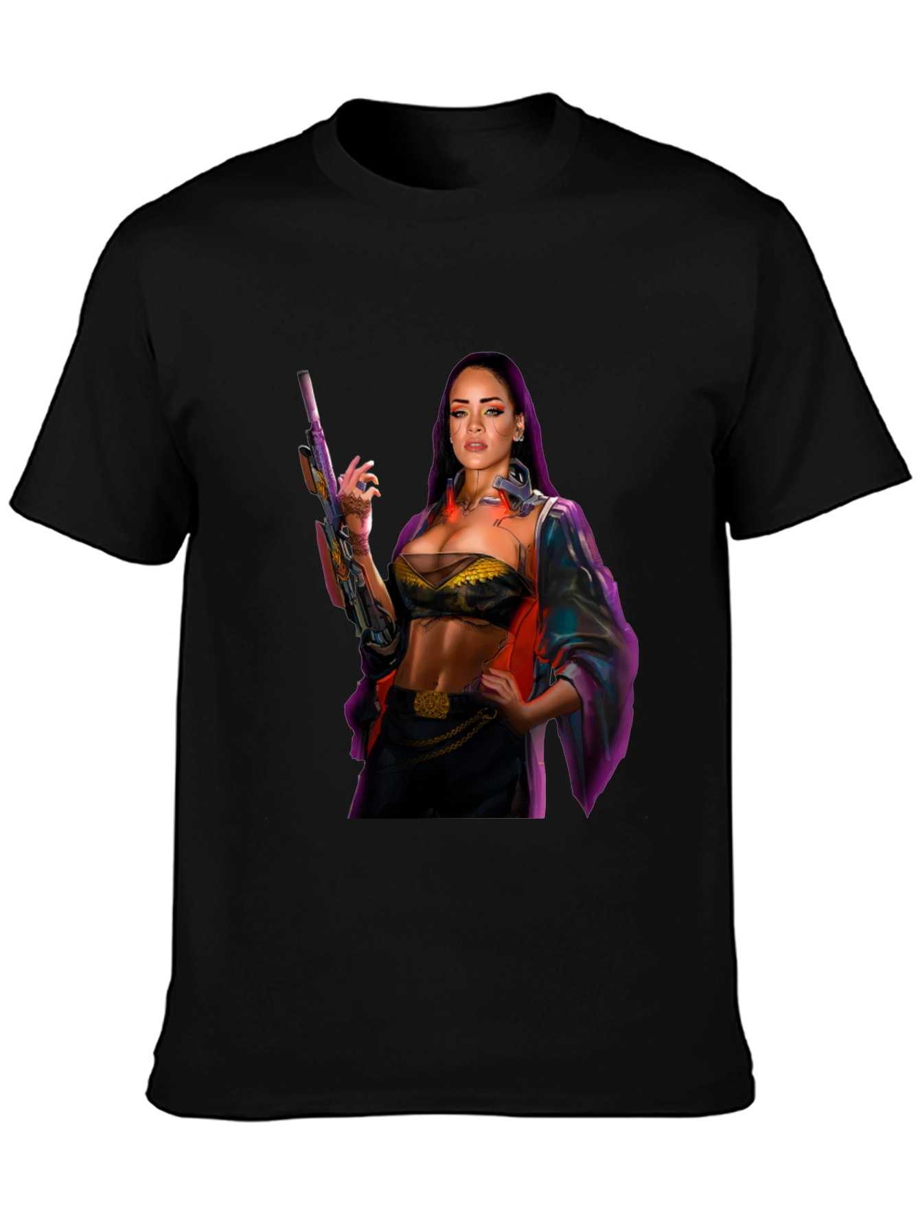 Cyberpunk Style Woman with Gun Graphic T-Shirt